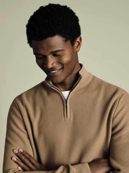 Charles Tyrwhitt Cotton Honeycomb Knit Zip-Neck Jumper - view 2, Camel