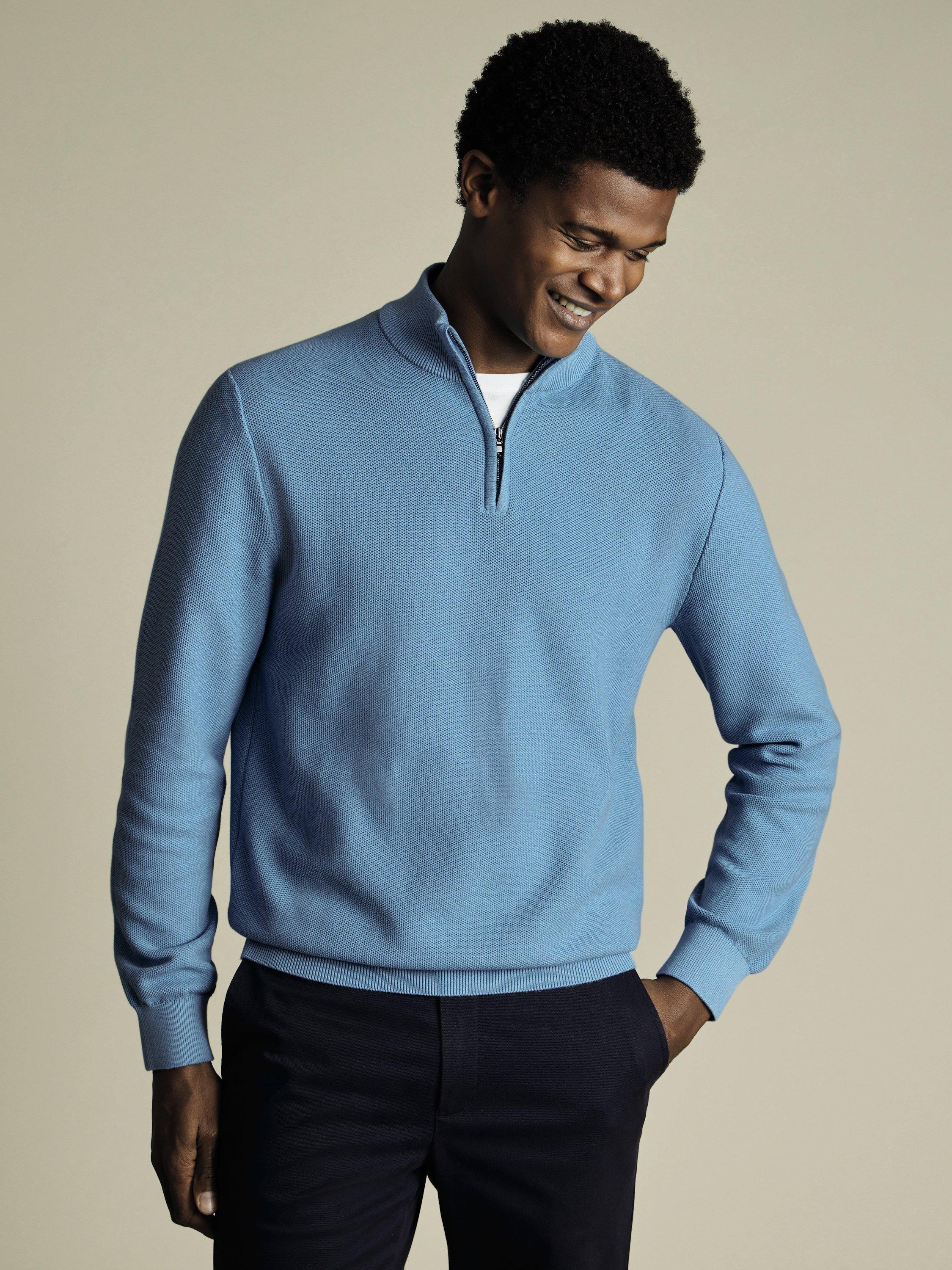 Product image 1 of 5, which shows Charles Tyrwhitt Cotton Honeycomb Knit Zip-Neck Jumper, Ocean Blue, S