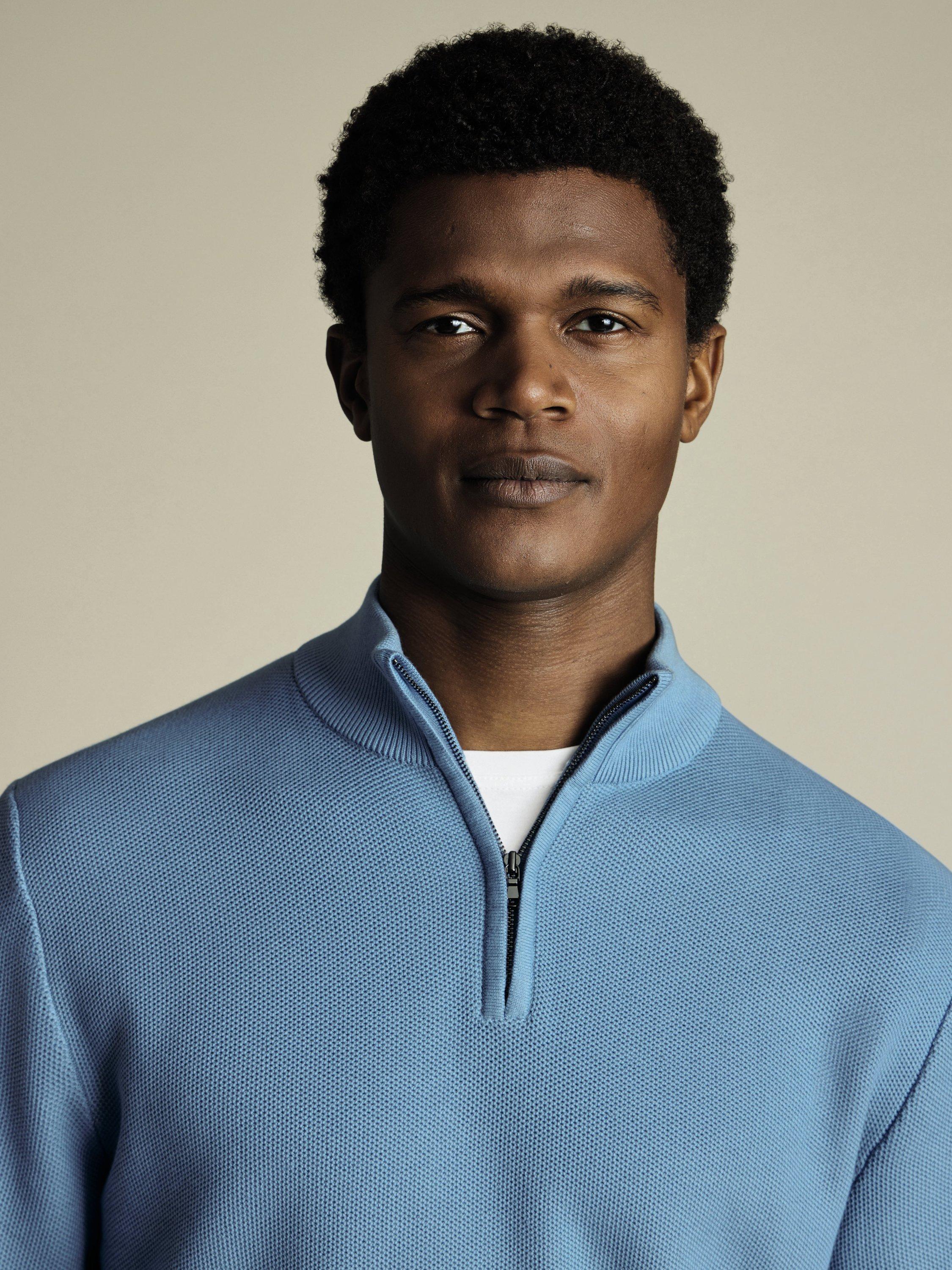 Product image 2 of 5, which shows Charles Tyrwhitt Cotton Honeycomb Knit Zip-Neck Jumper, Ocean Blue, S