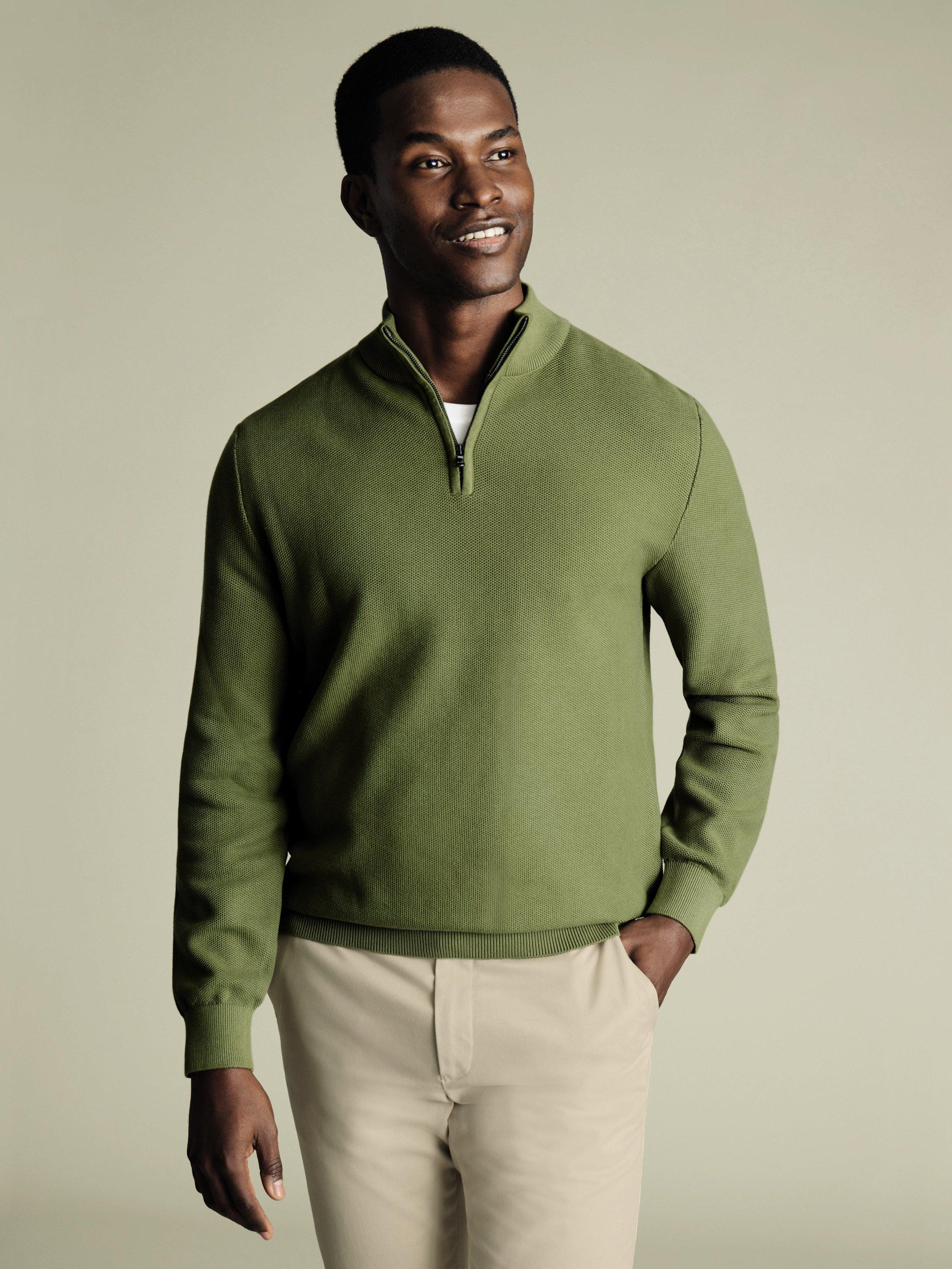 Product image 1 of 5, which shows Charles Tyrwhitt Cotton Honeycomb Knit Zip-Neck Jumper, Moss Green, S