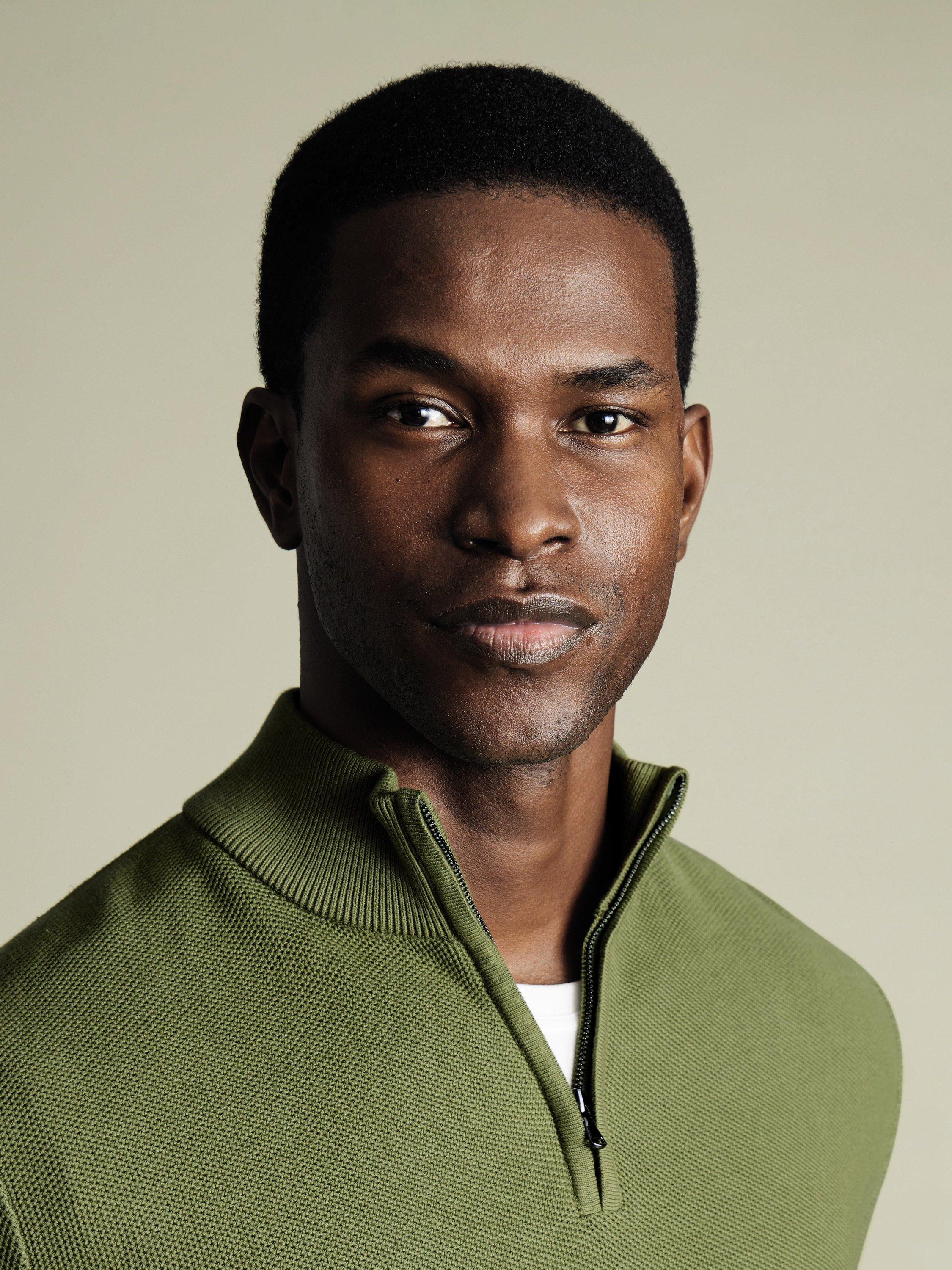 Product image 2 of 5, which shows Charles Tyrwhitt Cotton Honeycomb Knit Zip-Neck Jumper, Moss Green, S