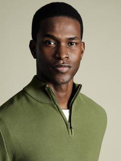 Charles Tyrwhitt Cotton Honeycomb Knit Zip-Neck Jumper - view 2, Moss Green