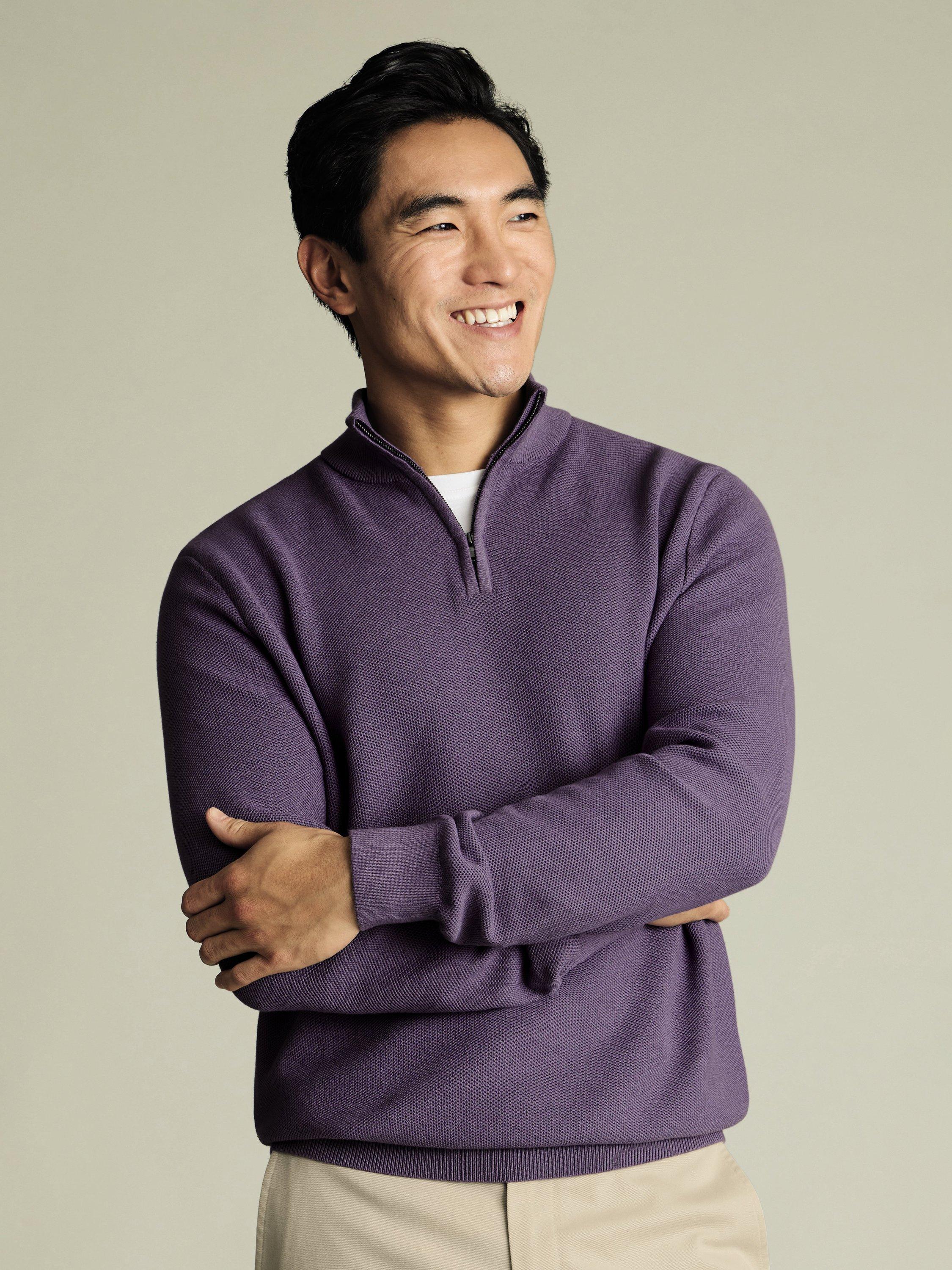 Product image 1 of 5, which shows Charles Tyrwhitt Cotton Honeycomb Knit Zip-Neck Jumper, Purple, S