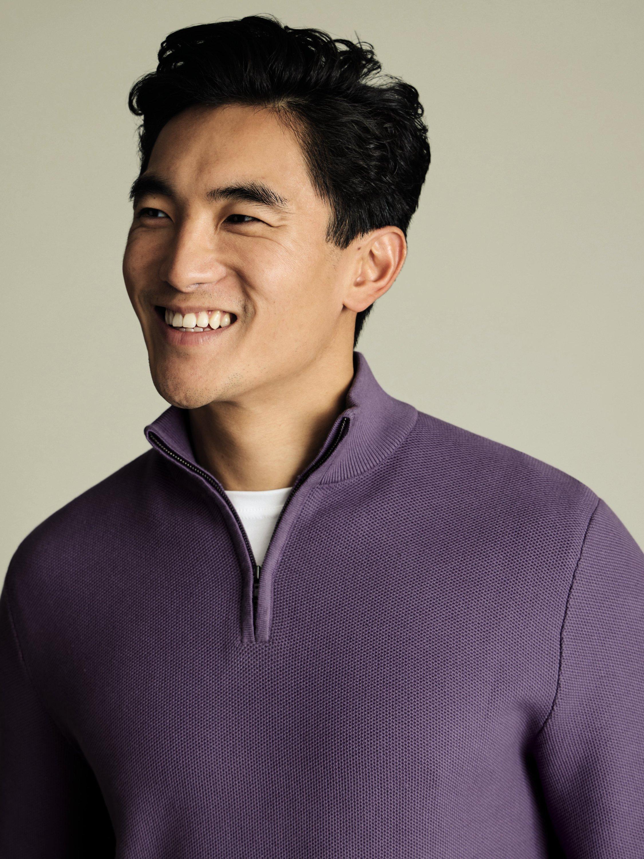 Product image 2 of 5, which shows Charles Tyrwhitt Cotton Honeycomb Knit Zip-Neck Jumper, Purple, S