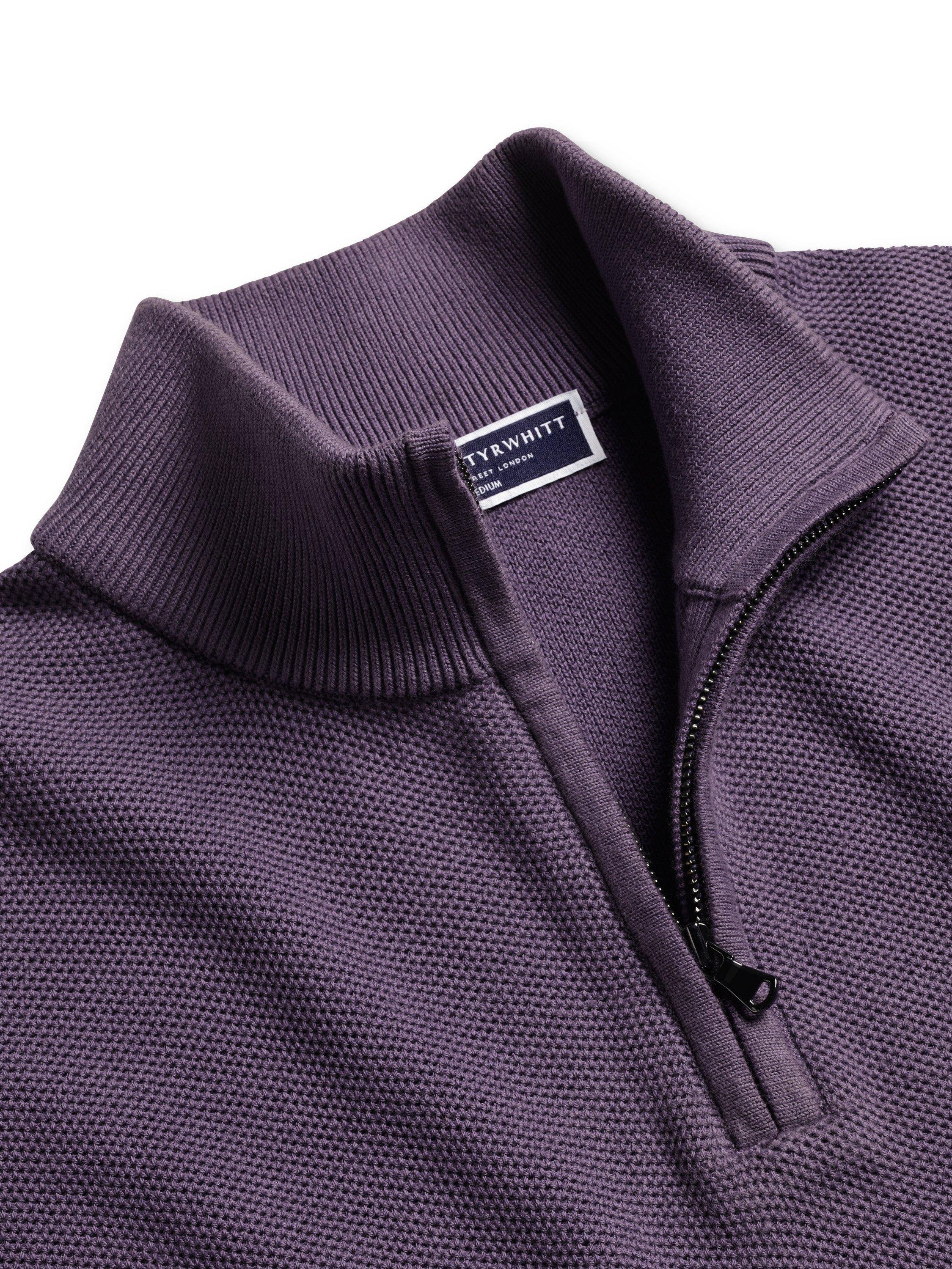 Product image 3 of 5, which shows Charles Tyrwhitt Cotton Honeycomb Knit Zip-Neck Jumper, Purple, S