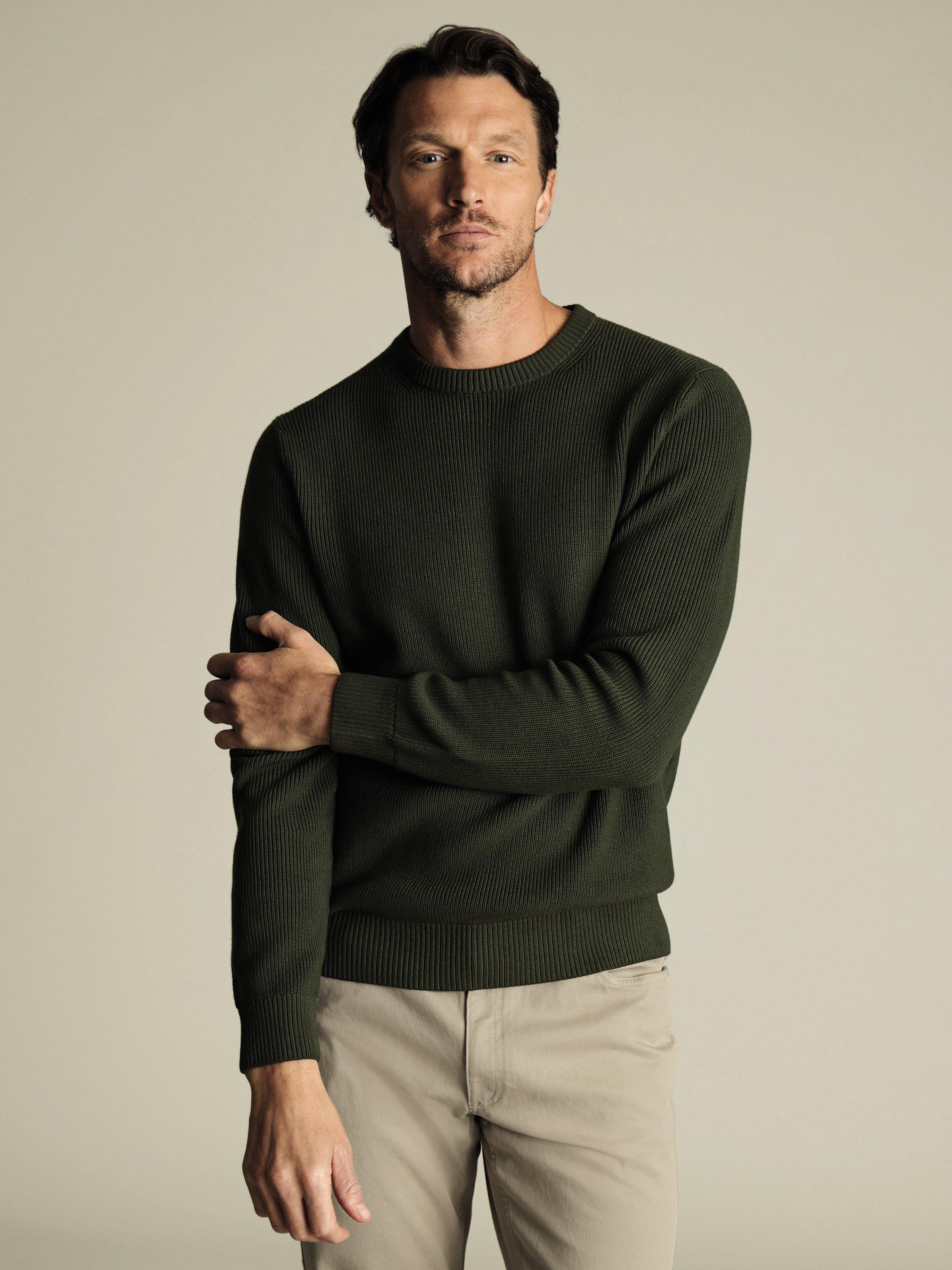 Product image 1 of 5, which shows Charles Tyrwhitt Cotton Rib Crew Neck Jumper, Olive Green, S