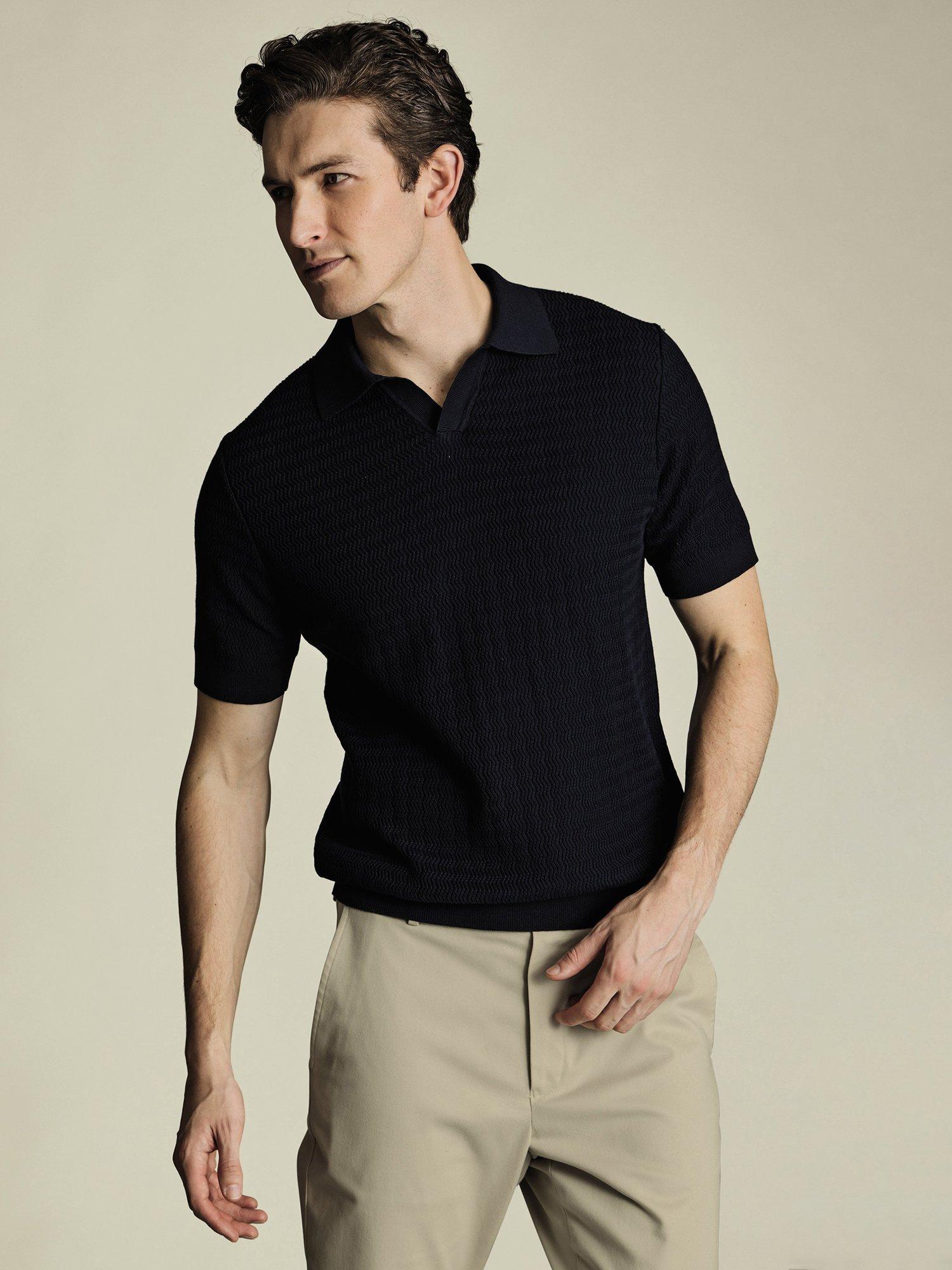 Product image 1 of 5, which shows Charles Tyrwhitt Textured Cotton Polo Shirt, Navy, S