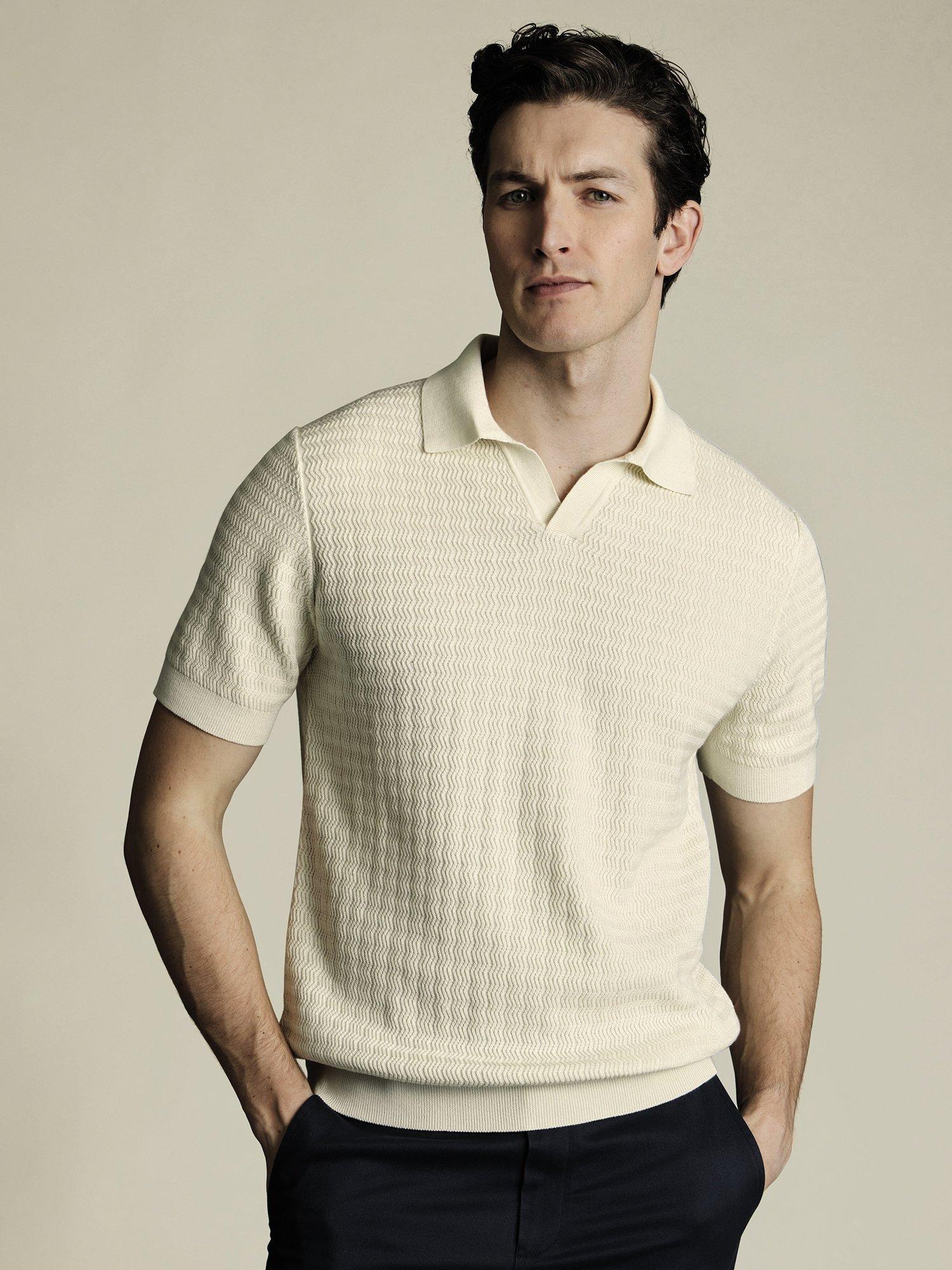 Product image 1 of 5, which shows Charles Tyrwhitt Textured Cotton Polo Shirt, Cream, S