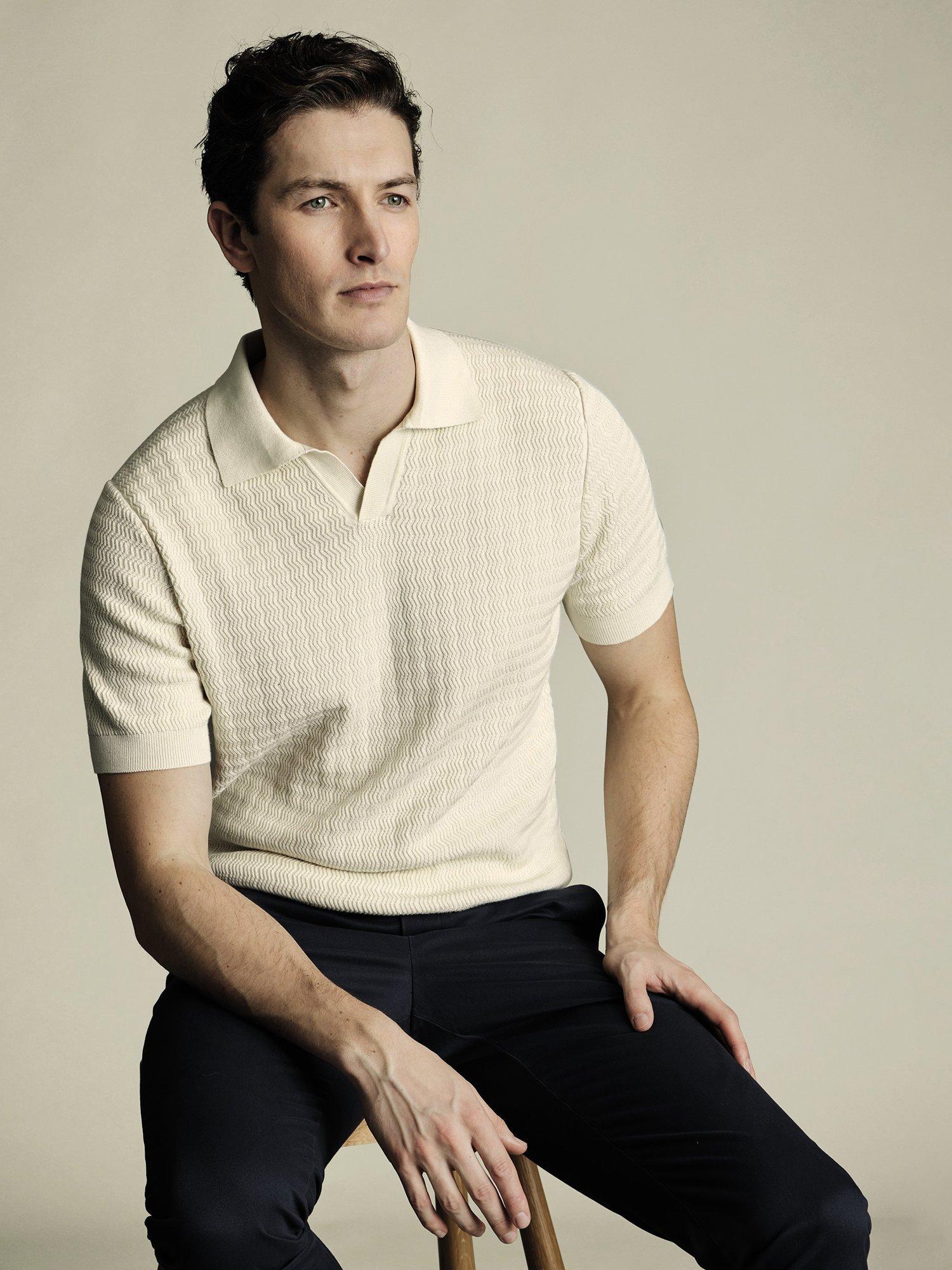 Product image 3 of 5, which shows Charles Tyrwhitt Textured Cotton Polo Shirt, Cream, S