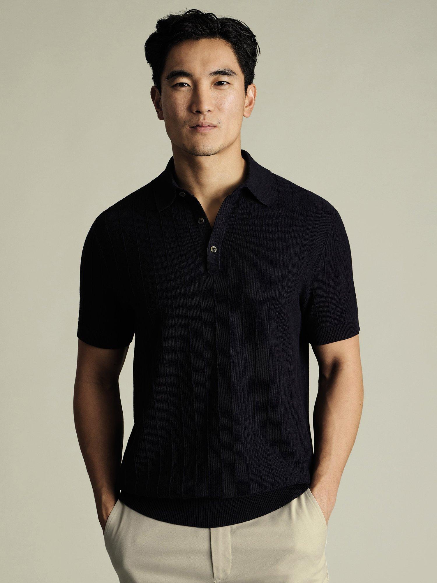 Product image 1 of 5, which shows Charles Tyrwhitt Stripe Cotton Polo Shirt, Navy, S