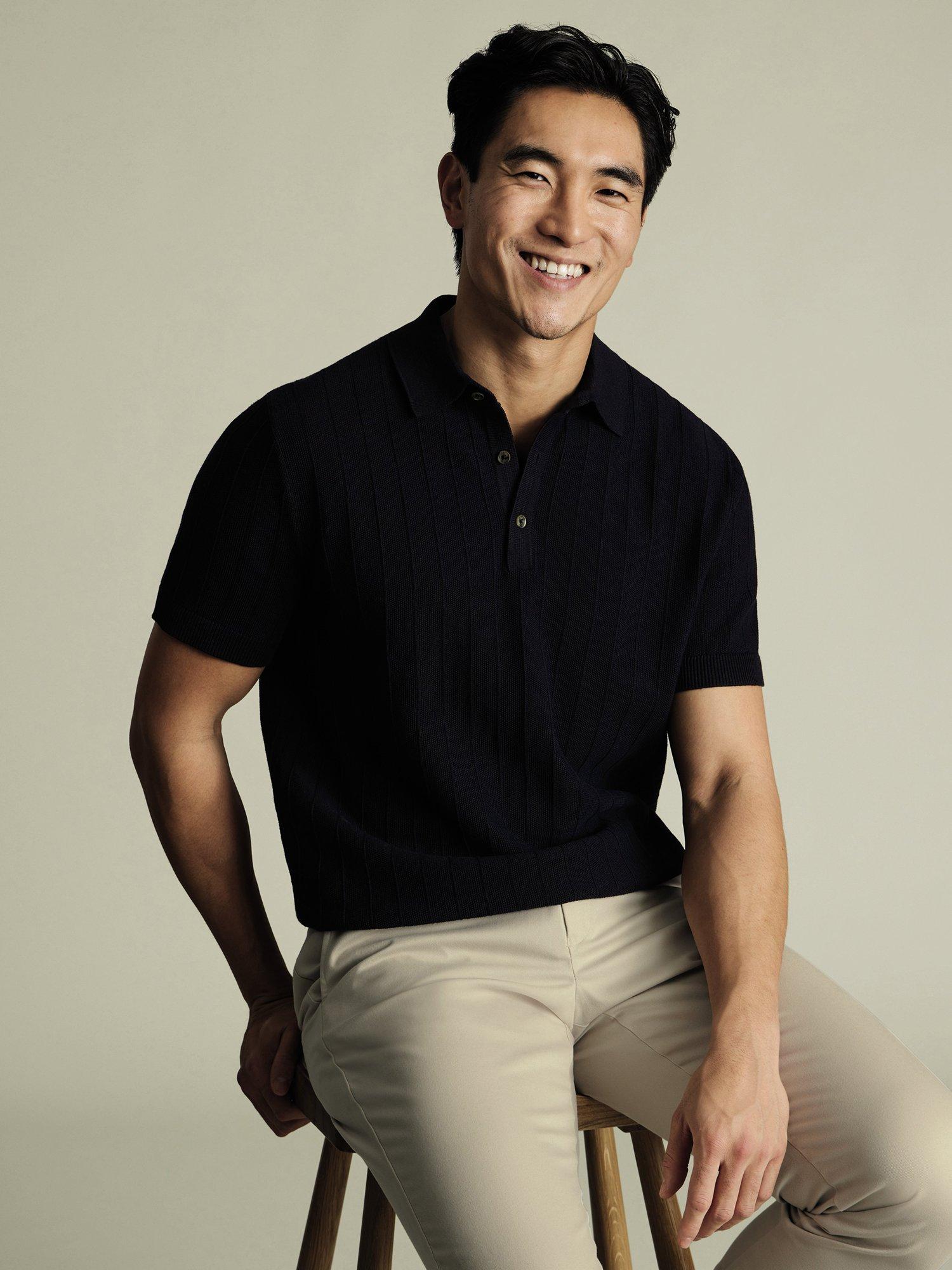 Product image 3 of 5, which shows Charles Tyrwhitt Stripe Cotton Polo Shirt, Navy, S
