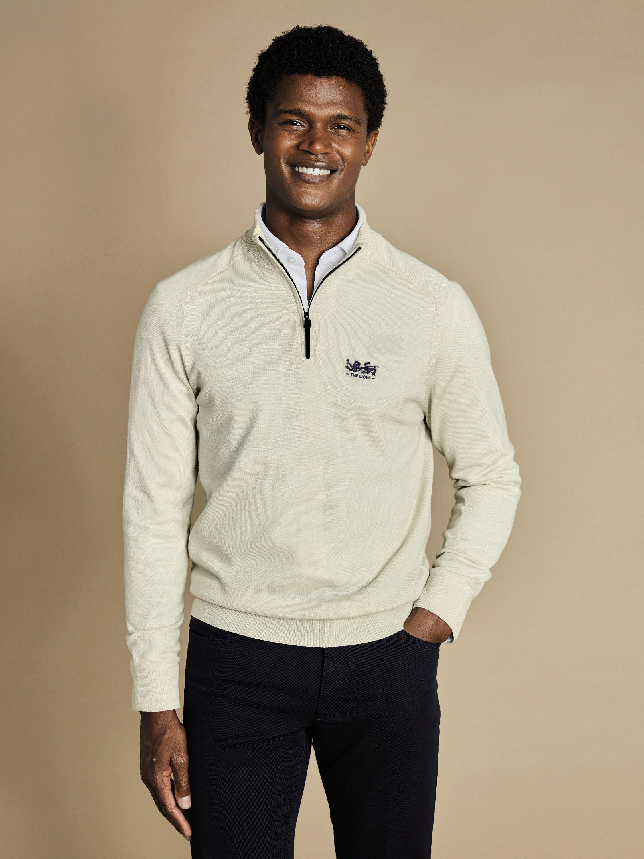Product image 1 of 5, which shows Charles Tyrwhitt The Lions Merino Wool Half-Zip Fleece Top, Ivory, S