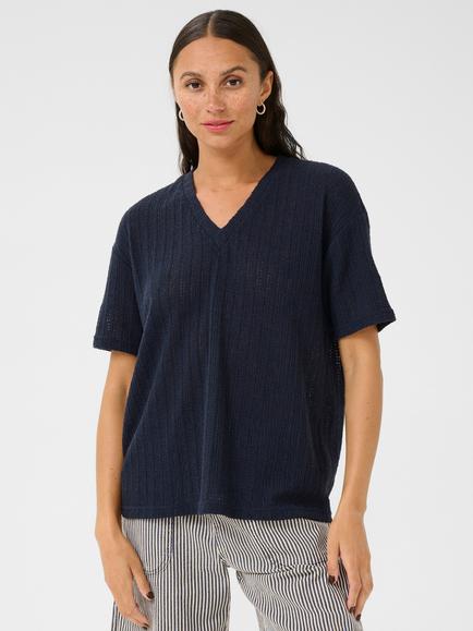 KAFFE KAedith Cotton Blend Short Sleeved T-Shirt, Mid Blue, Mid Blue
