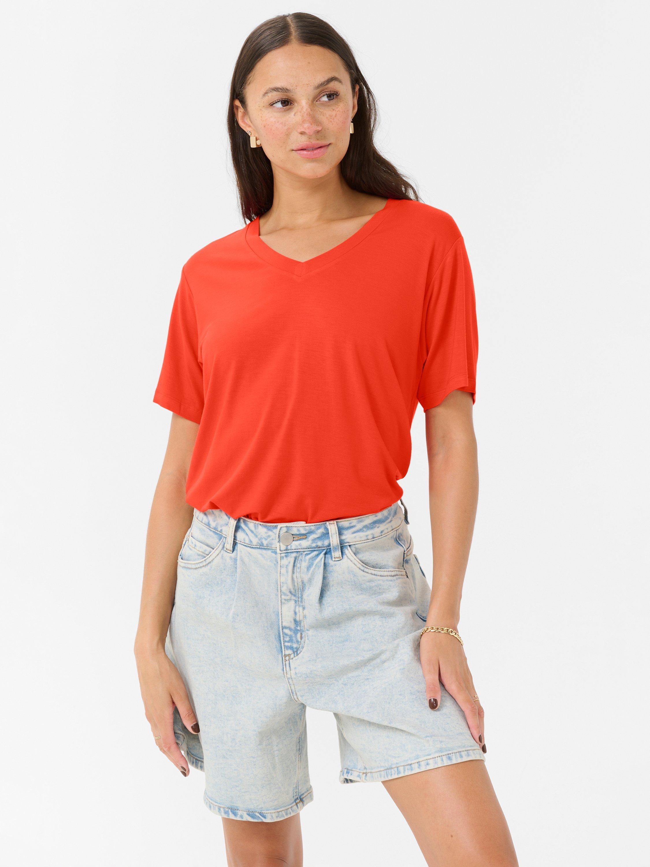 Product image 1 of 6, which shows KAFFE KAfrida V-Neck Short Sleeved T-Shirt, Mid Red, 10|12