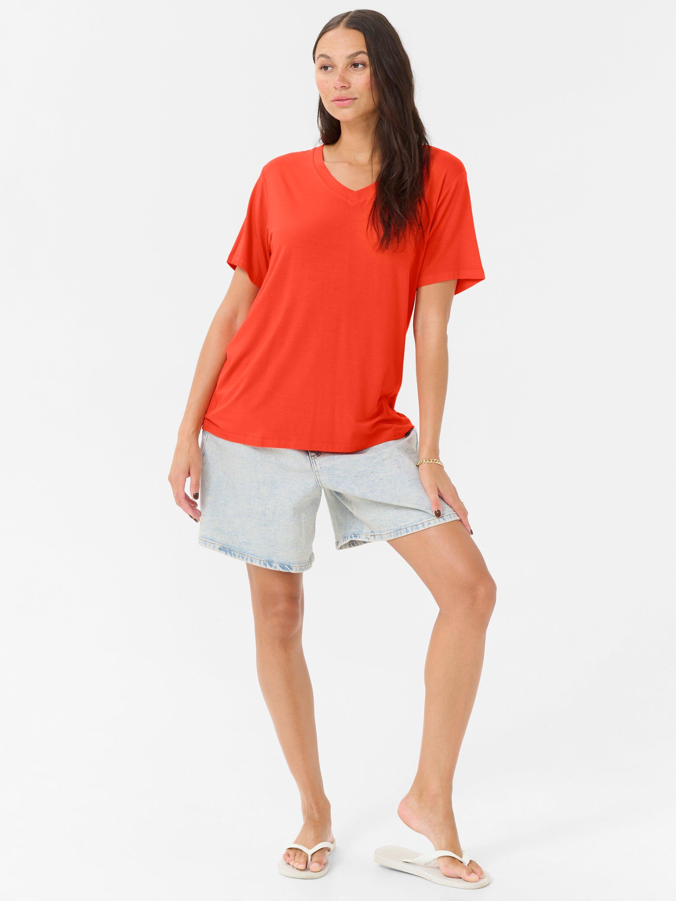 Product image 3 of 6, which shows KAFFE KAfrida V-Neck Short Sleeved T-Shirt, Mid Red, 10|12