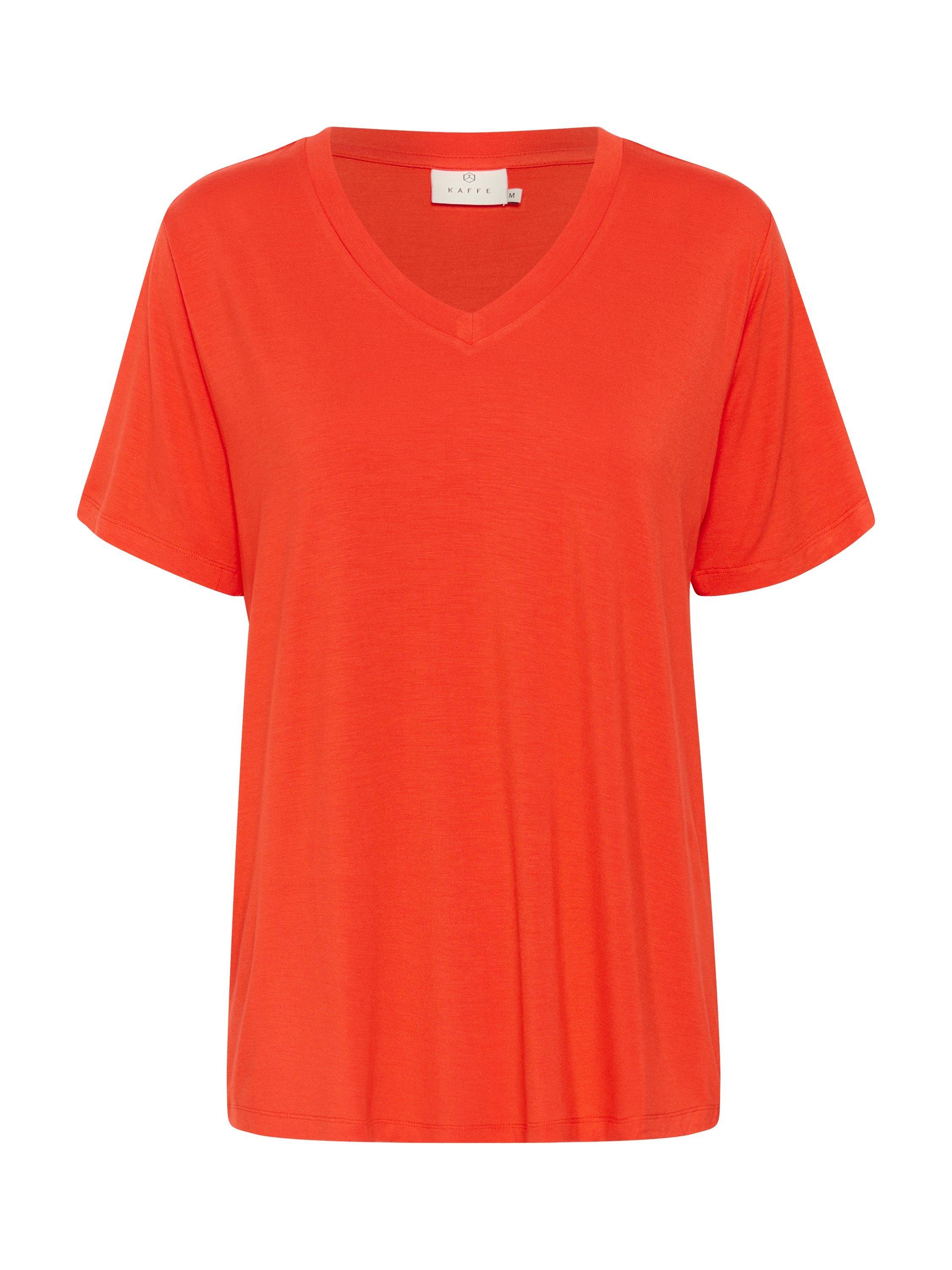 Product image 5 of 6, which shows KAFFE KAfrida V-Neck Short Sleeved T-Shirt, Mid Red, 10|12