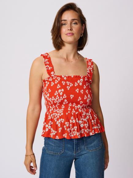 KAFFE KAamber Sleeveless Shirred Smock Top, Red/Multi, Red/Multi