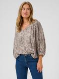 KAFFE KAdebra V-Neck Leopard Print Blouse, Beige/Multi