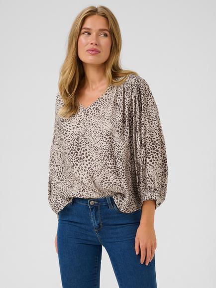 KAFFE KAdebra V-Neck Leopard Print Blouse, Beige/Multi, Beige/Multi
