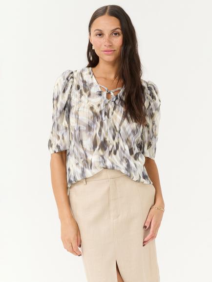 KAFFE Vicki Abstract Tie Neck Blouse, Grey/Multi, Grey/Multi