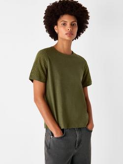 Whistles Broderie Sleeve Detail T-Shirt, Khaki
