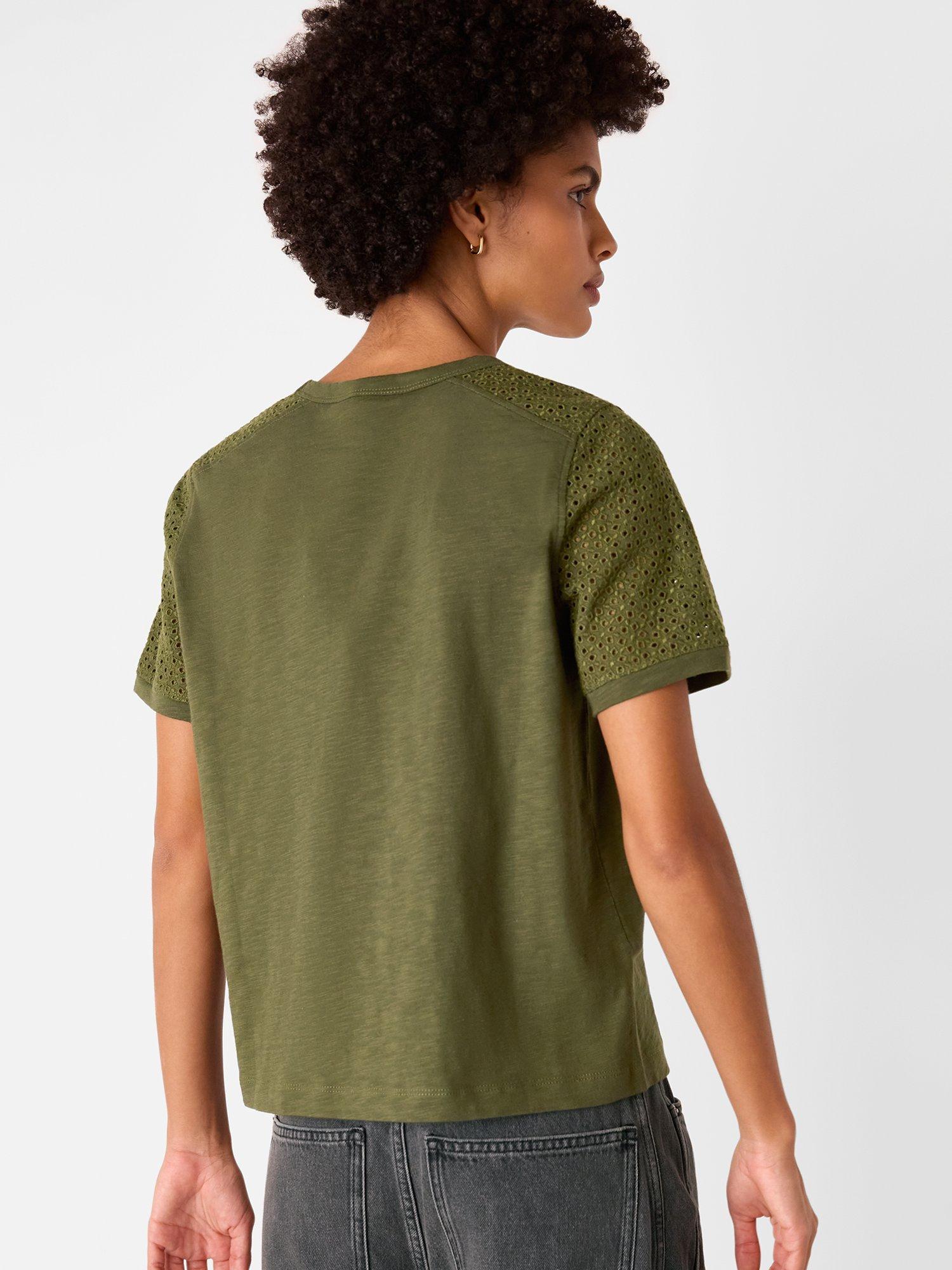 Product image 2 of 6, which shows Whistles Broderie Sleeve Detail T-Shirt, Khaki, XS