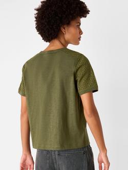 Whistles Broderie Sleeve Detail T-Shirt - view 2, Khaki
