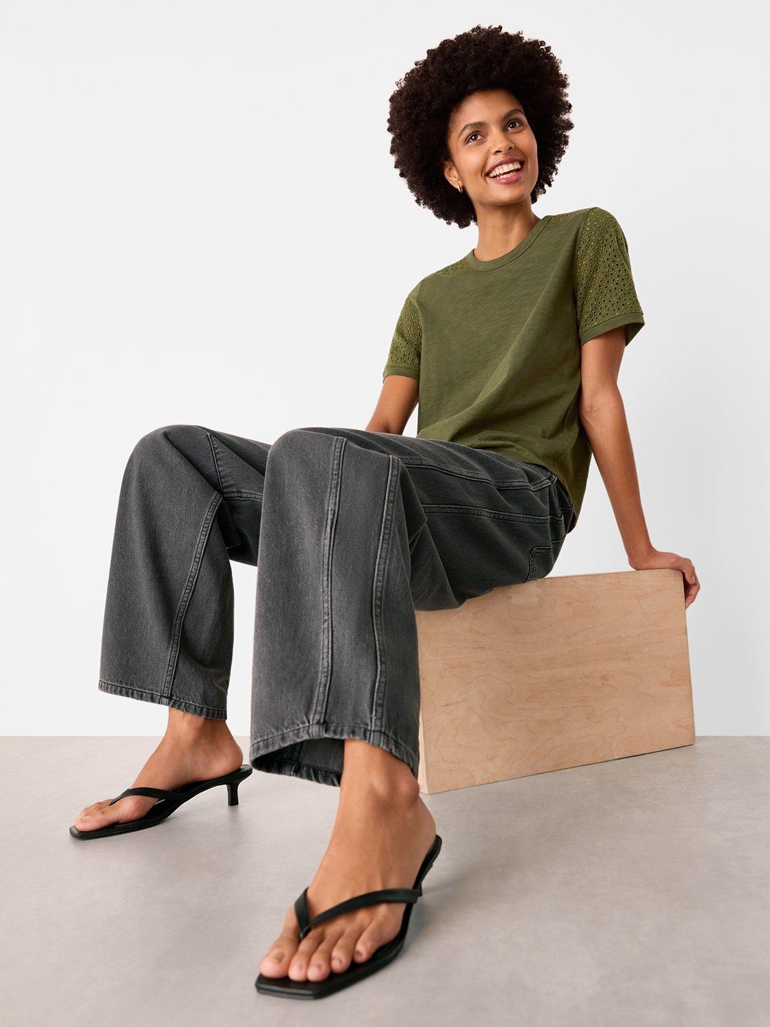 Product image 3 of 6, which shows Whistles Broderie Sleeve Detail T-Shirt, Khaki, XS