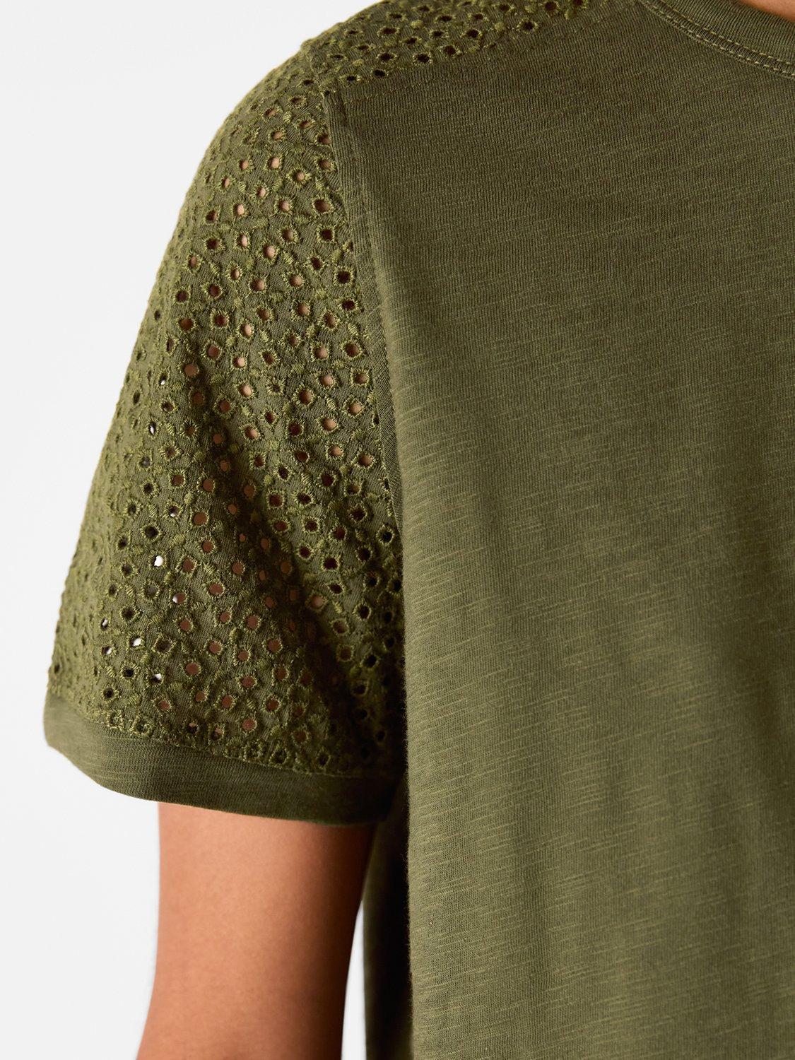 Product image 4 of 6, which shows Whistles Broderie Sleeve Detail T-Shirt, Khaki, XS