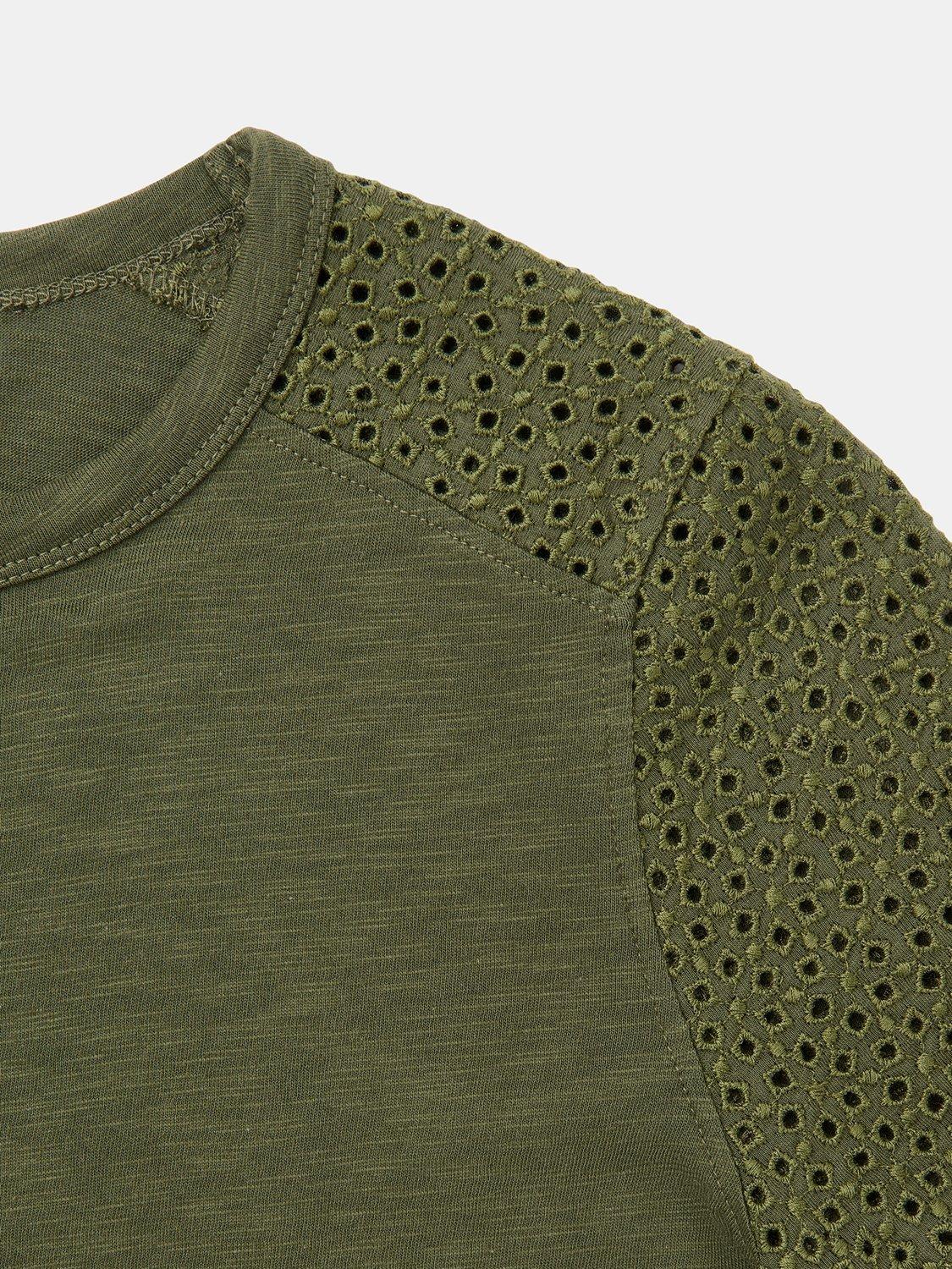 Product image 5 of 6, which shows Whistles Broderie Sleeve Detail T-Shirt, Khaki, XS