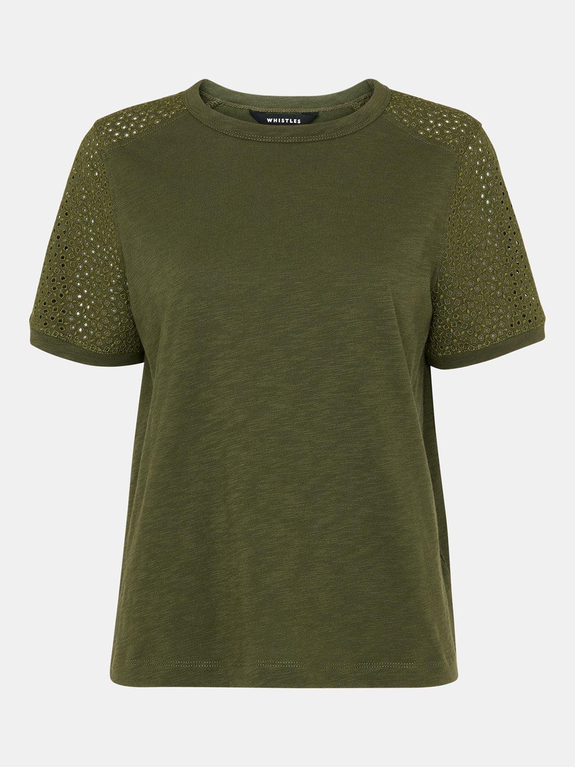 Product image 6 of 6, which shows Whistles Broderie Sleeve Detail T-Shirt, Khaki, XS
