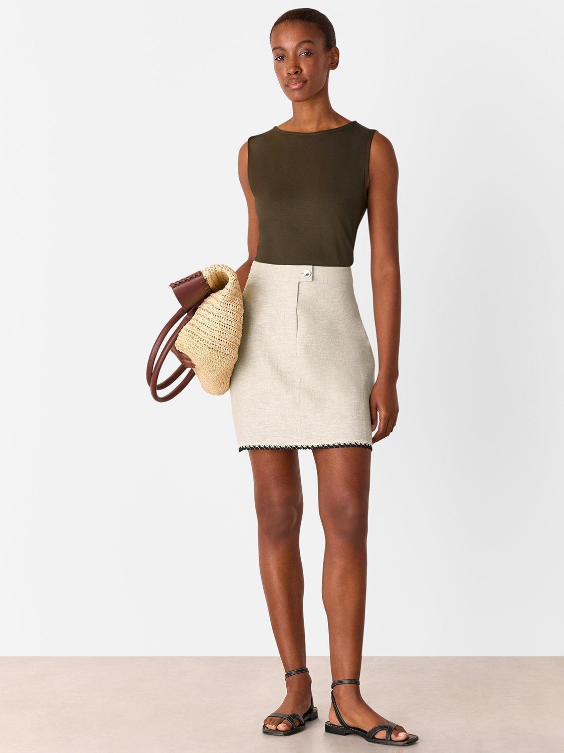 Product image 3 of 6, which shows Whistles Scallop Trim Linen Rich Mini Skirt, Oatmeal, 6