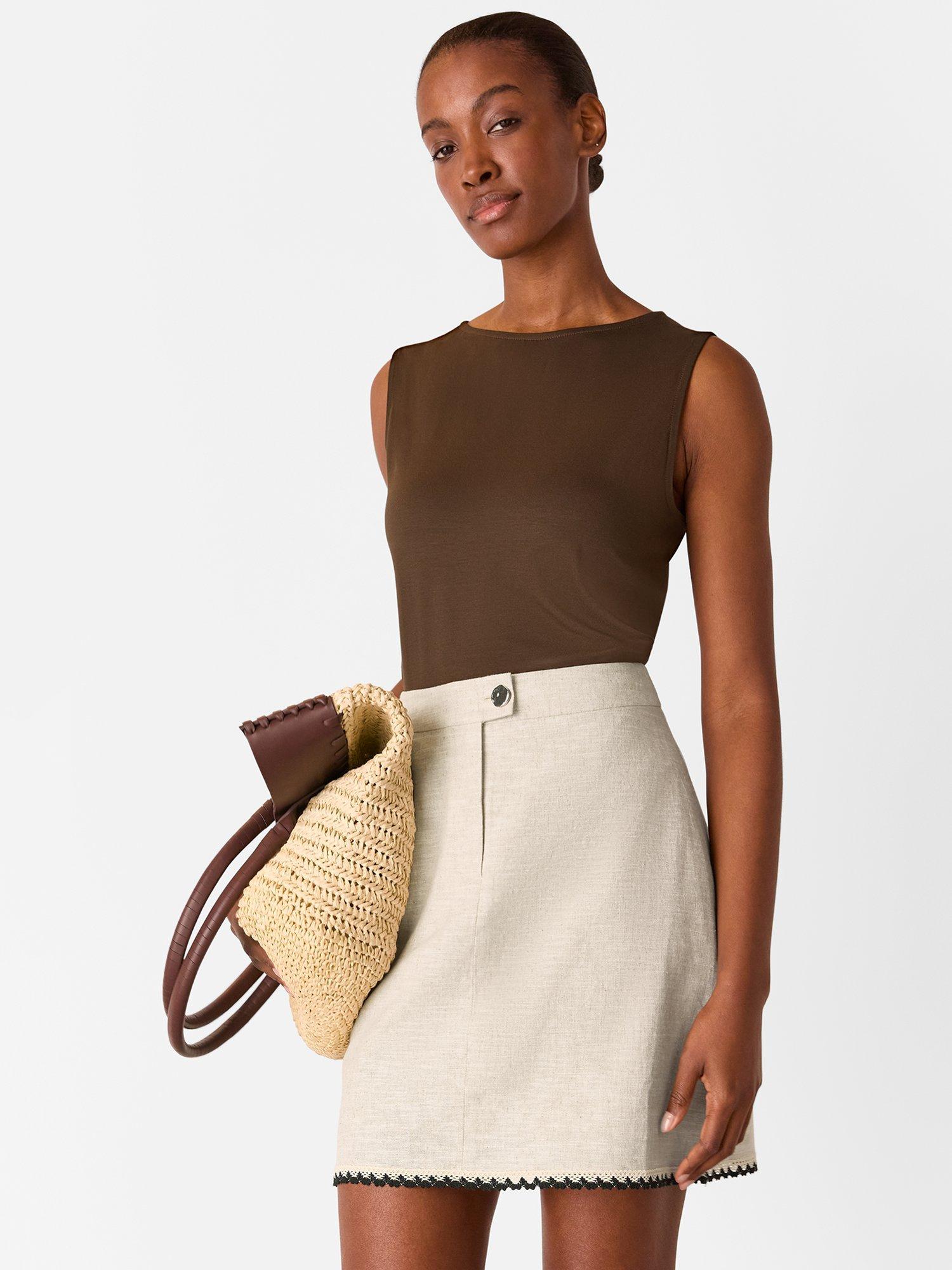 Product image 4 of 6, which shows Whistles Scallop Trim Linen Rich Mini Skirt, Oatmeal, 6