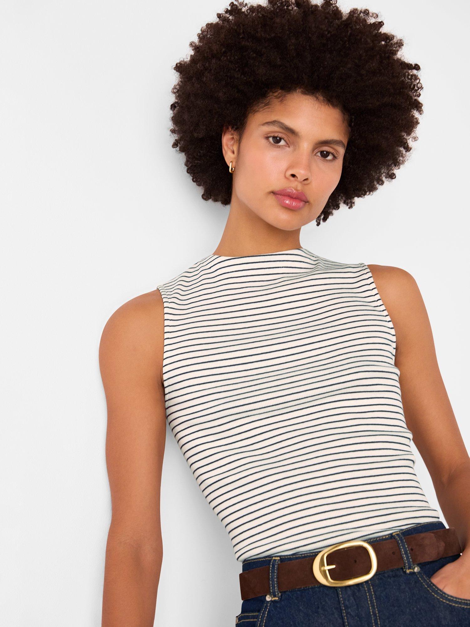 Product image 1 of 5, which shows Whistles Stripe High Neck Rib Sleeveless T-Shirt, Ivory/Multi, 6