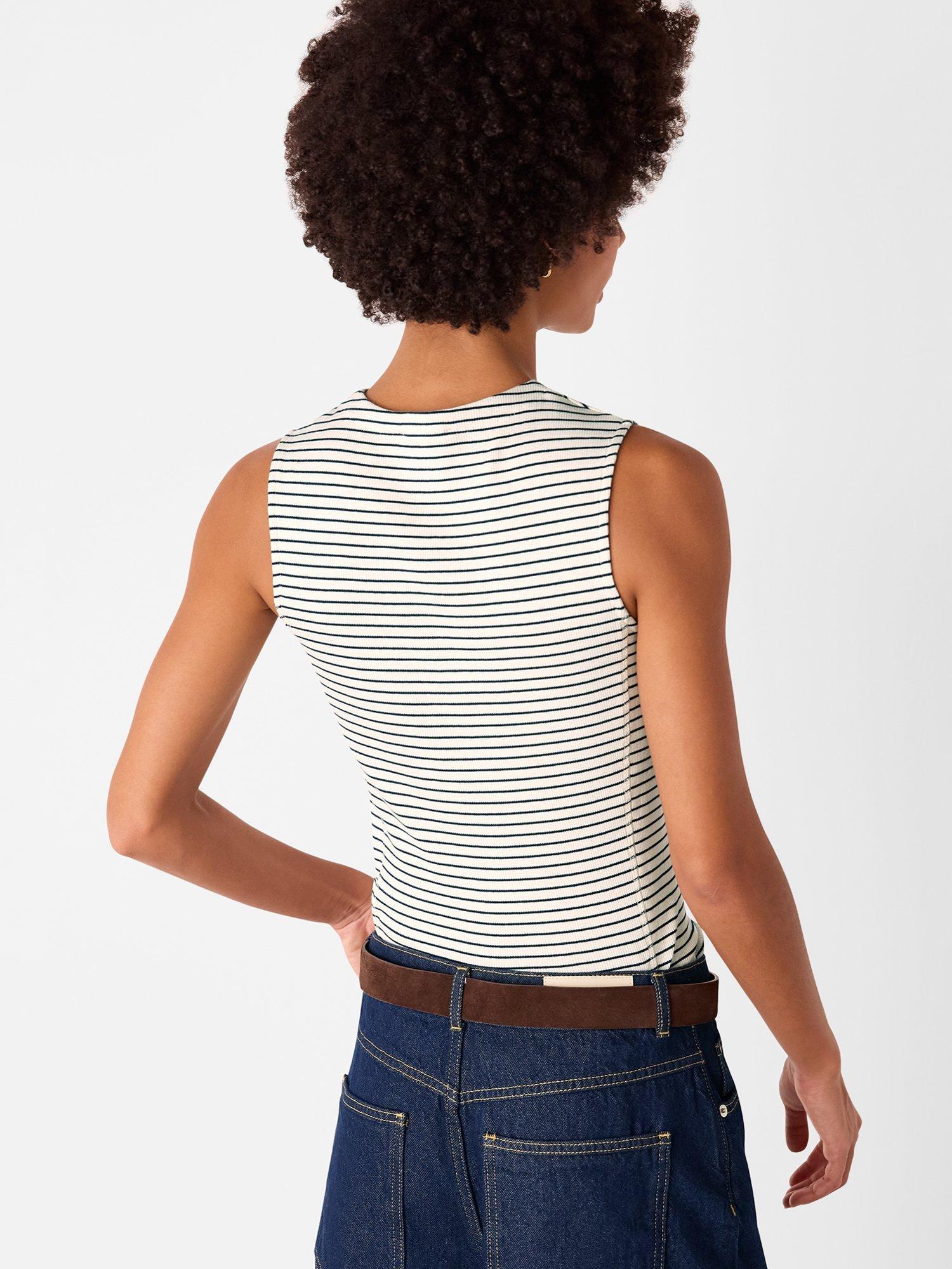 Product image 2 of 5, which shows Whistles Stripe High Neck Rib Sleeveless T-Shirt, Ivory/Multi, 6