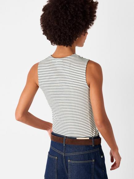 Whistles Stripe High Neck Rib Sleeveless T-Shirt - view 2, Ivory/Multi