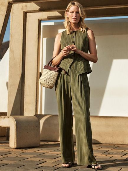 Whistles Lottie Pinstripe Wide Leg Trousers, Khaki/Multi, Khaki/Multi