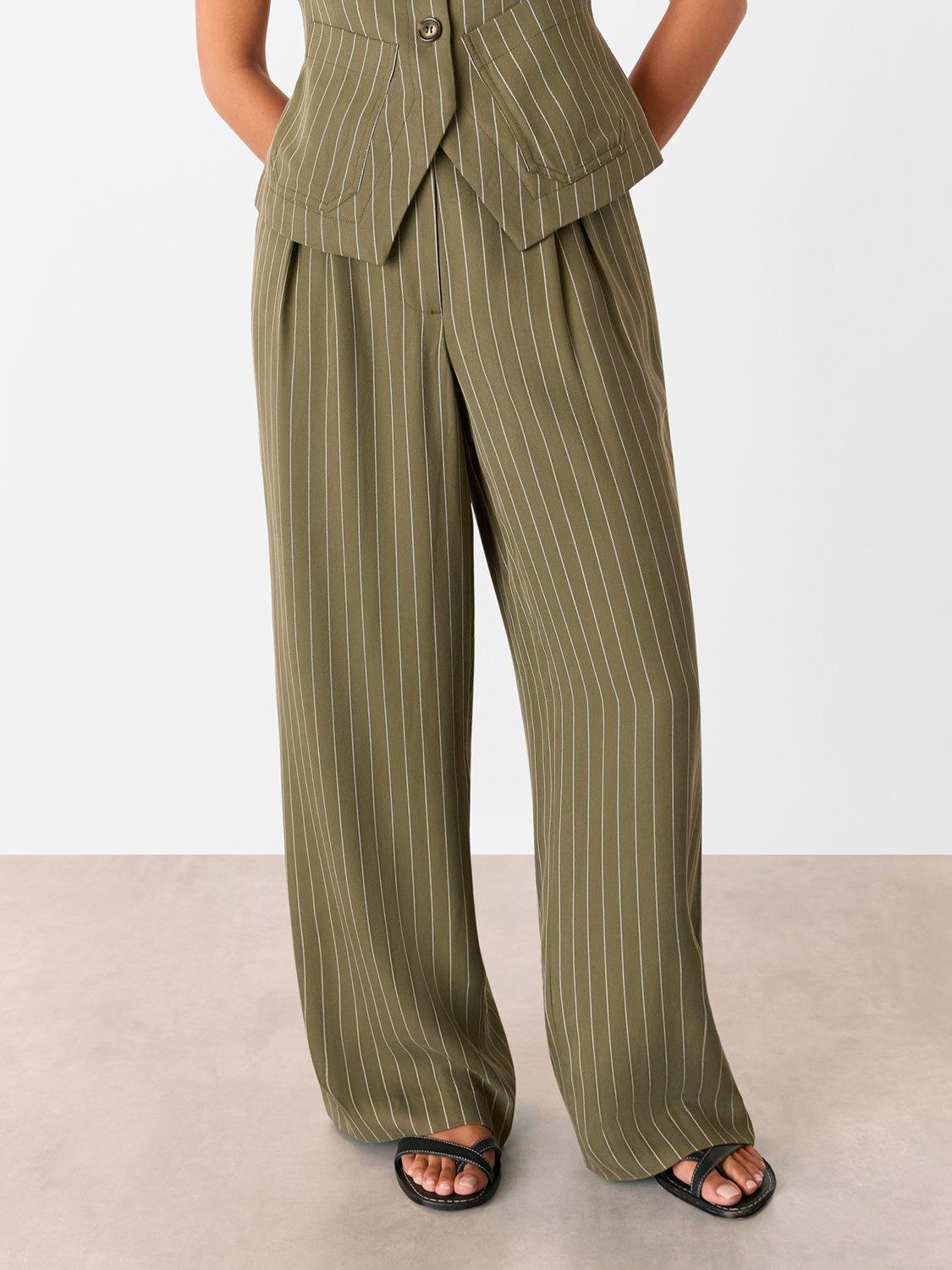 Product image 1 of 5, which shows Whistles Petite Lottie Pinstripe Trousers, Khaki/Multi, 6