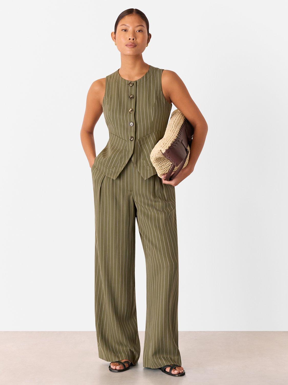 Product image 3 of 5, which shows Whistles Petite Lottie Pinstripe Trousers, Khaki/Multi, 6
