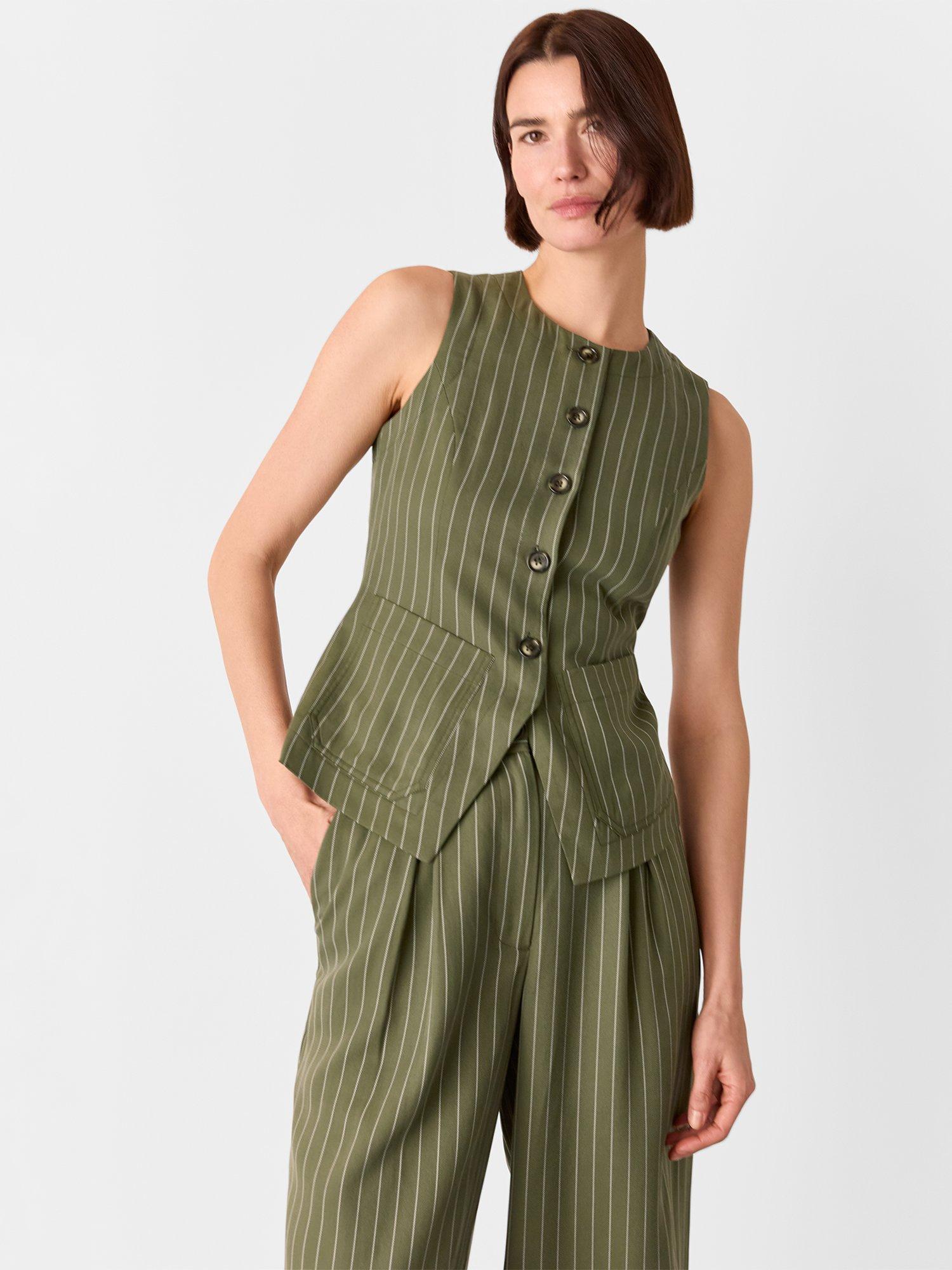Product image 2 of 6, which shows Whistles Lottie Pinstripe Tailored Waistcoat, Khaki/Multi, 6