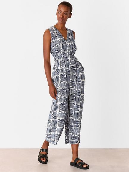 Whistles Sleeveless Hatch Square Print Jumpsuit, Navy/Multi, Navy/Multi