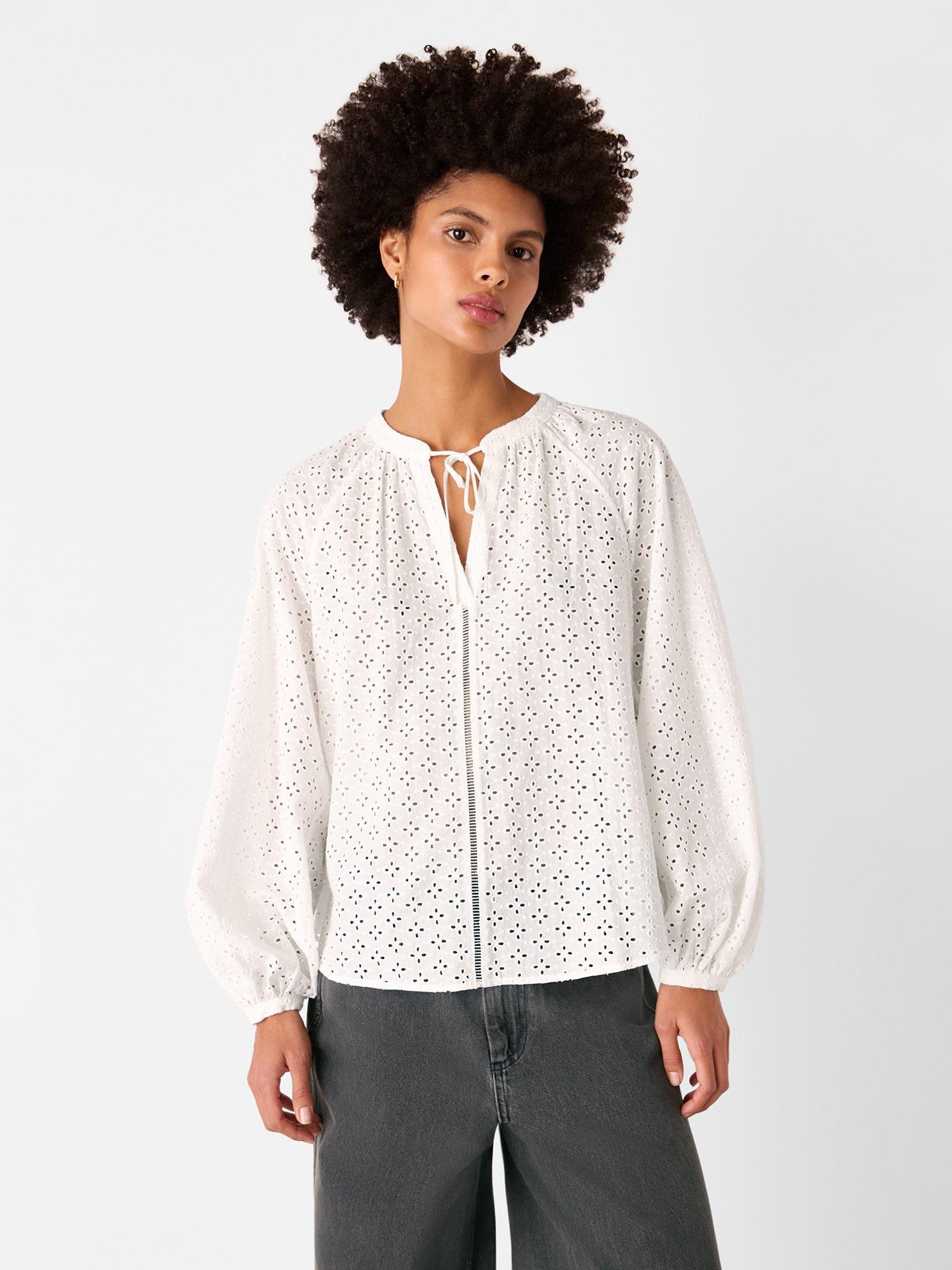 Product image 1 of 7, which shows Whistles Broderie Anglaise V-Neck Blouse, White, 6