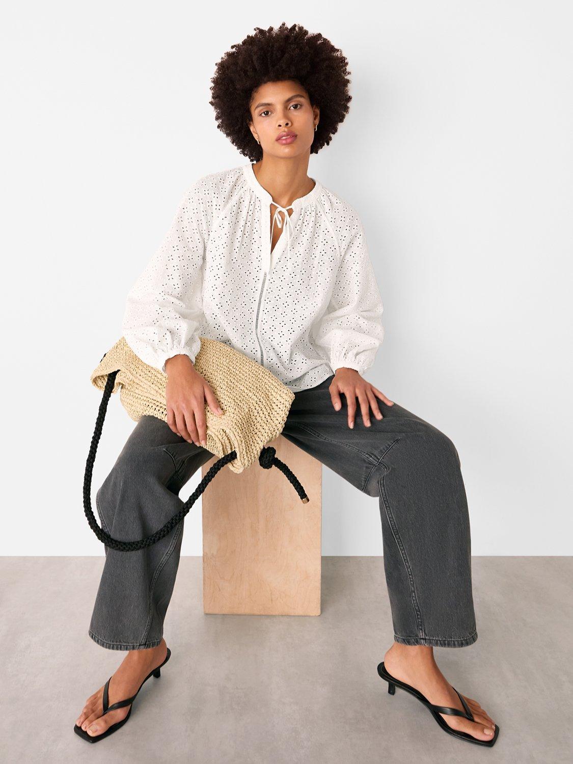 Product image 2 of 7, which shows Whistles Broderie Anglaise V-Neck Blouse, White, 6