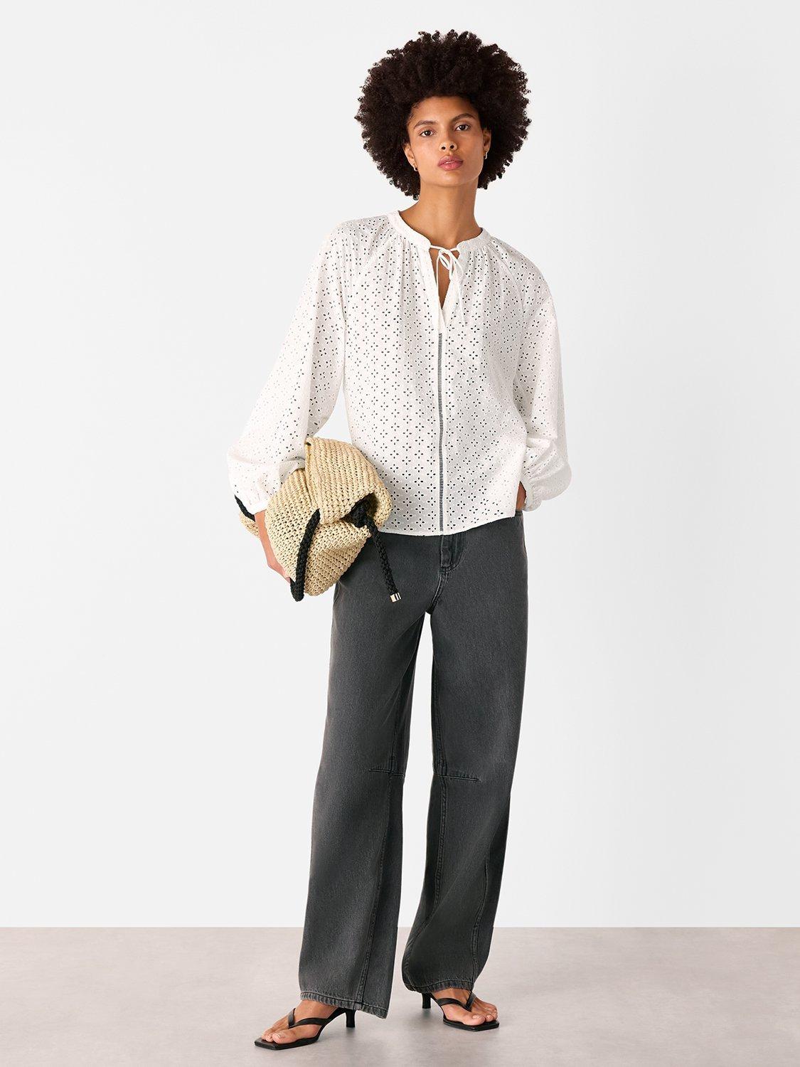 Product image 3 of 7, which shows Whistles Broderie Anglaise V-Neck Blouse, White, 6