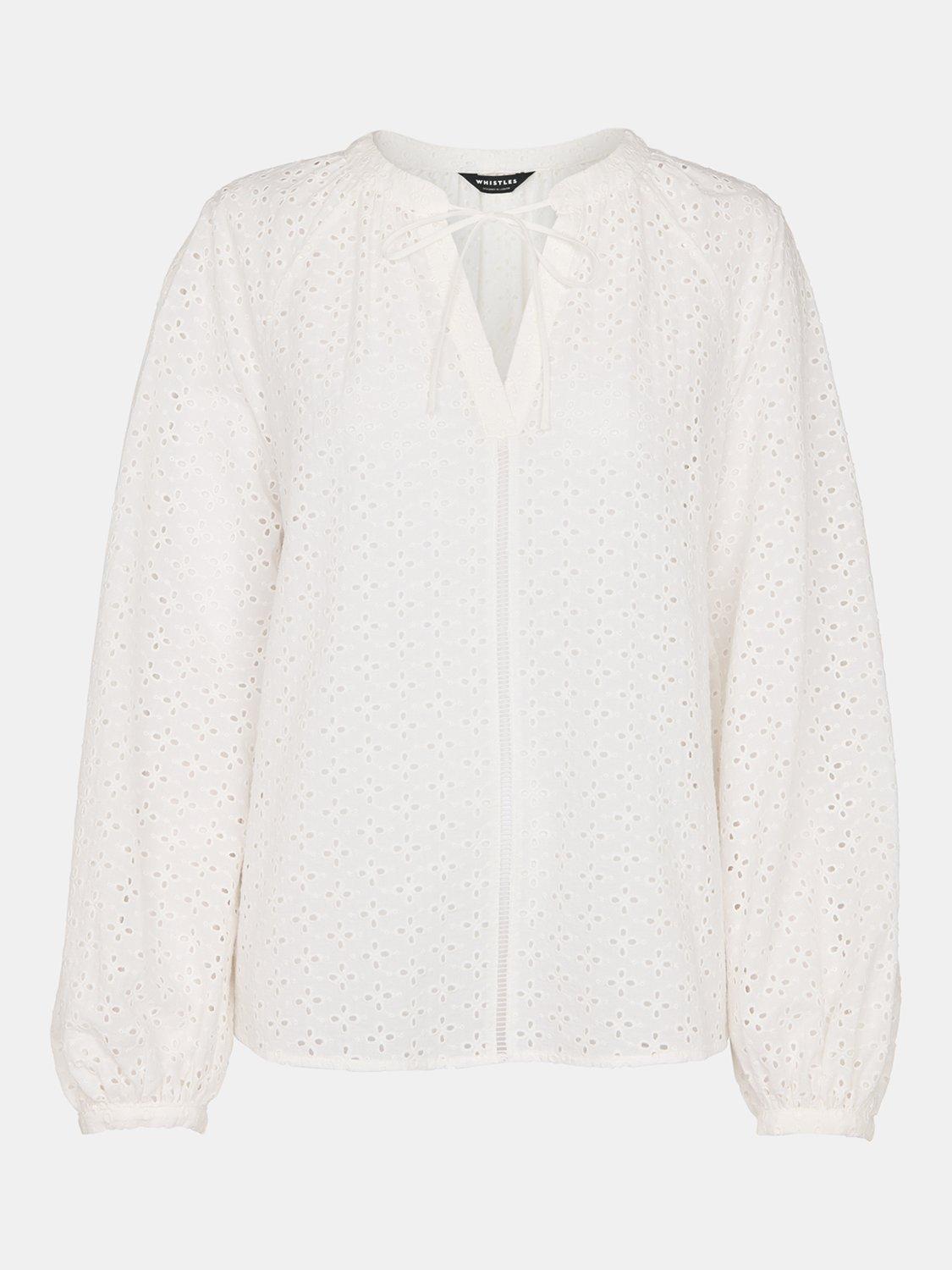 Product image 7 of 7, which shows Whistles Broderie Anglaise V-Neck Blouse, White, 6