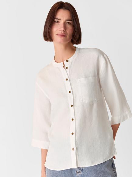 Whistles Pure Linen Grandad Collar Shirt, White