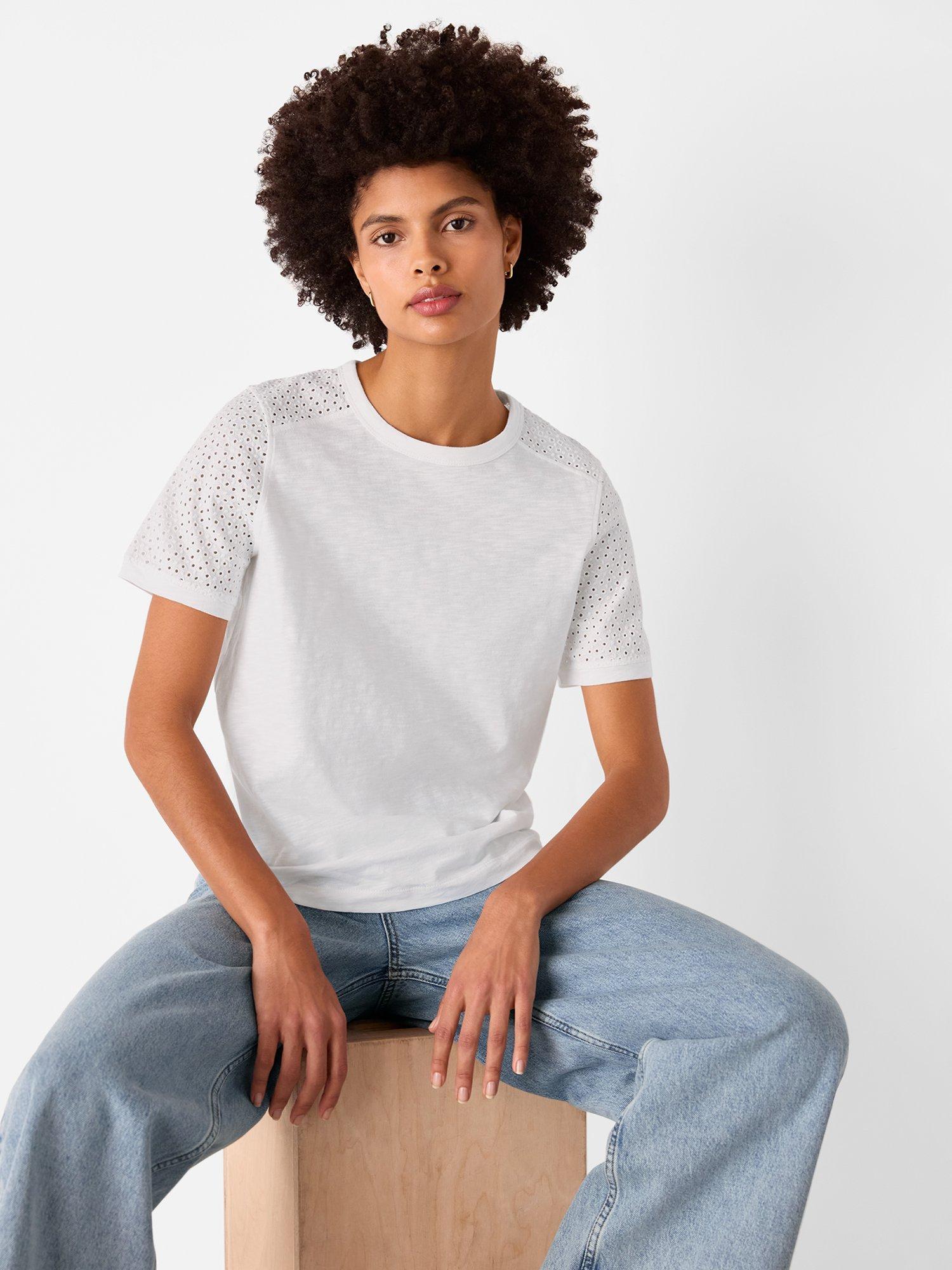Product image 1 of 5, which shows Whistles Broderie Sleeve Detail T-Shirt, White, XS