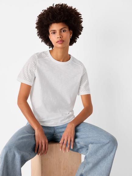 Whistles Broderie Sleeve Detail T-Shirt, White