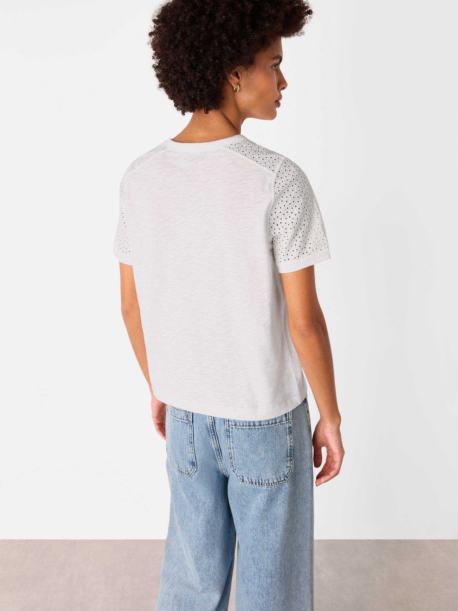 Product image 2 of 5, which shows Whistles Broderie Sleeve Detail T-Shirt, White, XS