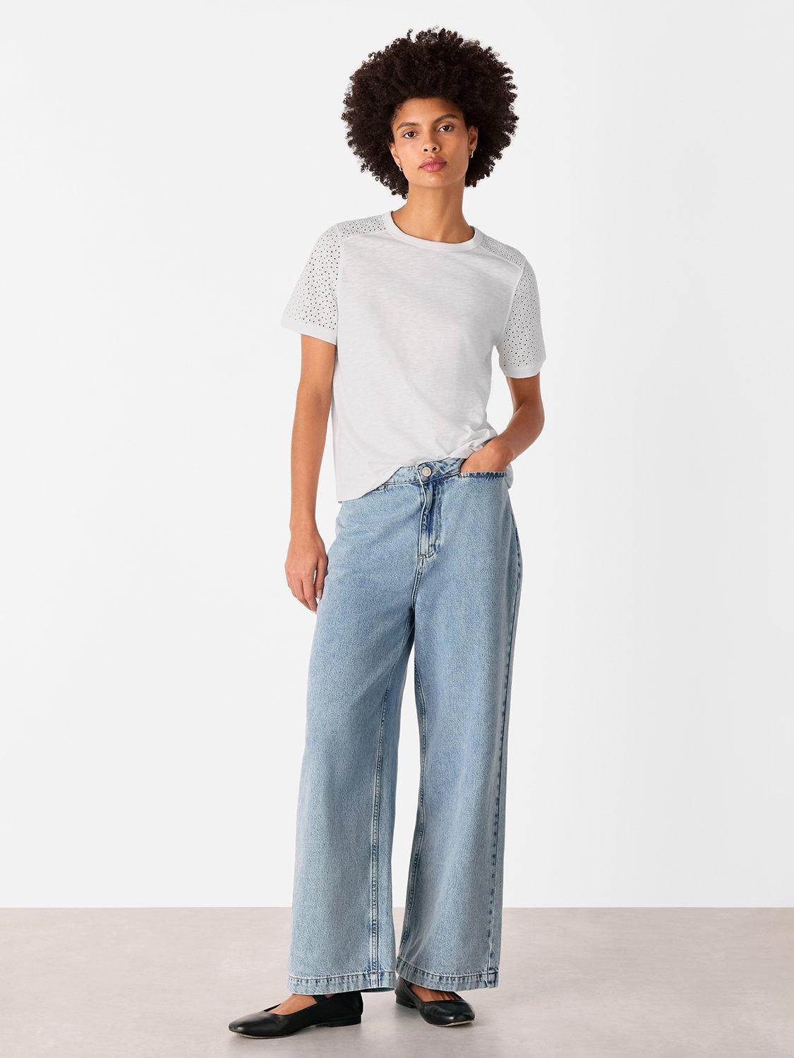 Product image 3 of 5, which shows Whistles Broderie Sleeve Detail T-Shirt, White, XS
